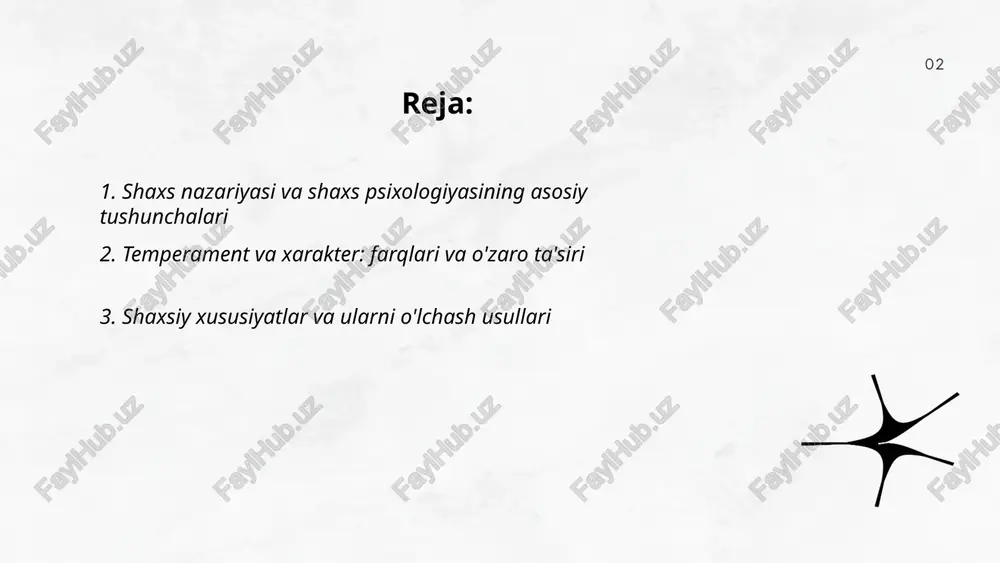 i anglash va o'zini identifikatsiya qilish o'z-o'zini anglash va o'zini identifikatsiya qilish shaxsning o'zini bilishi, ichki holatini tahlil qilishi va ijtimoiy rollarni qabul qilishidir. asosiy komponentlar 1) o'zlik tuyg'usi, 2) identifikatsiya, 3) o'ziga bo'lgan e'tibor, 4) moslashish. jarayonlar: refleksiya, o'zaro ta'sir, guruh identifikatsiyasi va madaniy kontekst. metodlar: psixoterapiya, o'zini baholash testlari, jurnal yuritish. natija: yaxshiroq qarorlar, barqaror munosabat va shaxsiy rivojlanish. ... t.me/slaydai_bot o'z-o'zini hurmat — shaxsning o'zini qadrlashi, o'ziga bo'lgan bahosi va ishonchi. uning shakllanishida oilaviy munosabatlar, ota-ona qabul qilishi, tarbiya, maktab va tengdoshlar, madaniy qadriyatlar, yutuqlar va muvaffaqiyatsizliklar, ommaviy axborot vositalari muhim rol o'ynaydi. rivojlanish bosqichlarida bolalikdagi xavfsizlik, o'smirlikdagi identifikatsiya va kattalardagi o'zini anglash ta'sir etadi. yuqori o'z-o'zini hurmat motivatsiya va chidamlilikni oshiradi; past hurmat esa depressiya va ijtimoiy qochishga olib kelishi mumkin. ... t.me/slaydai_bot shaxs motivatsiyasi ichki va tashqi omillardan iborat bo‘lib, harakat va maqsadlarni rag‘batlantiradi. ichki motivatsiya qiziqish, qadriyat va shaxsiy maqsadlarga bog‘liq; tashqi motivatsiya mukofot, …
