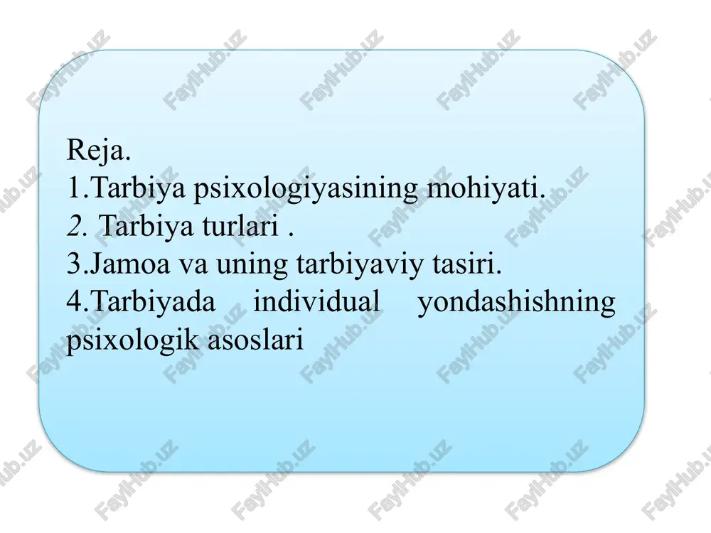 . bunga erishish uchun talabaning ongiga (ta’lim jarayoni asosida) hissiyotiga (darsda va turli sinfdan tashqari ishlarda) va irodasiga (faoliyatni uyushtirish, hulqini idora qilish jarayonida) sistemali va muntazam ta’sir etib boriladi. sharq tarbiyasida islom dinining roli muhimdir. «islom dini-bu ota bobolarimiz dini, u biz uchun ham iymon, ham ahloq, ham diyonat, ham ma’rifat ekanligini unutmaylik. ana shu ma’rifatli kishilarimiz jon-jon deb qabul qiladigan va yaxshi o’gitlarga amal qiladilar. mehr-oqibatli, nomusli, oriyatli bo’lishiga izzat-ehtirom tushunchalariga rioya etishga harakat qiladilar». islom dini har qanday davrda ham insonlarni poklikka undagan, yaxshi xislatlarni ko’paytirib yomon xislatlardan xalos etishga chorlagan. tarbiyaning umumiy usullari asosan 4 guruppaga ajratiladi 1. ijtimoiy ongni shakllantirish usuli. 2. ijtimoiy ahloqni shakllantirish usuli. 3. rag’batlantirish usuli. 4. o’z-o’zini tarbiyalash ijtimoiy ongni shakllantirish usullari - talabalarning ongli, his tuyg’usi va irodasiga har tomonlama ta’sir ko’rsatish usullarini umuman shaxs ongiga ta’sir ko’rsatishni o’z ichiga oladi. ijtimoiy ongni shakllantirish usullari tushuntirish, suhbat va o’rnak ko’rsatish …