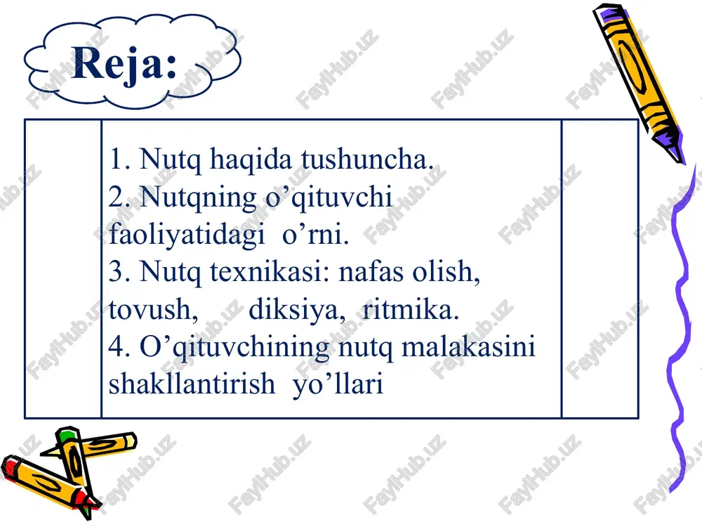 m (bir minuda 120 ta so’z). 4. nutqiy faoliyat turlari: o’qish, yozish, gapirish. 5. nutq uslublari: ilmiy, rasmiy, so’zlashuv, badiiy, ommabop. 6. nutqqa qo’yiladigan talablar: talaffuzning aniqligi, ifodaviylik, emotsionallik, diksiyaning tushunarligi, tovushlarning aniq talaffuz qilinishi, obrazlilik, nutq madaniyati, so’zdan foydalanish qoidalariga rioya qilish, temporitmga amal qilish. 7. nutqni egallashda yo’l qo’yiladigan kamchiliklar: monotonlik, temporitmning oshib ketishi, noto’g’ri diksiya, so’zlarni noo’rin qo’llash, til qoidalarini buzish. o’qituvchi ovozi o’zida quyidagi xususiyatlarni aks ettira olishi zarur: 1) jarangdorlik (tovushning tozaligi va tembrning yorqinligi); 2) keng diapazonlik (ovozning eng pastlikdan eng yuqorigacha bo’lgan darajasi); 3) havodorlik (erkin so’zlaganda yaxshi eshituvchanlikka ega bo’lishi); 4) ixchamlik, harakatchanlik; 5) chidamlilik (uzoq ishlash qobiliyatiga ega bo’lish); 6) moslashuvchanlik (dinamika, tembr, ohandorlikning turli sharoitga moslasha olishi); 7) qarshi shovqinlarga nisbatan barqarorlik (xalaqit beruvchi shovqinga tembr va tessituraning o’zgarib turishi); 8) suggetsivlik (ovozning xayajon ifodalashi va bu orqali, qanday so’z aytilayotganidan qat’iy nazar, tinglovchining xulqiga ta’sir qilish xususiyati) pedagogik faoliyatda …