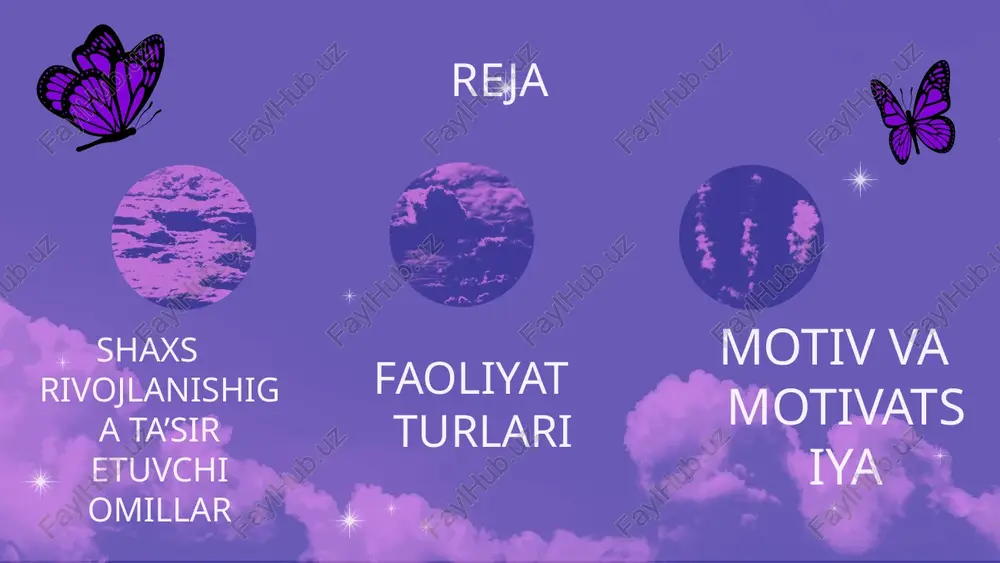 matlashuvi- malaka 1.harakatlarni ijro qilish usullarining o’zgarishi; 2.ishni bajarishda sensor ya’ni hissiy nazorat usullarining o’zgarishi; 3.ish-harakat markaziy boshqaruvchi usullarining o’zgarishi. biror bir faoliyatni amalga oshirish uchun mavjud bilimlardan va malakalardan foydalana olish ko’nikma deyiladi. motiv va motivatsiya bixeviorizm-j.uotson- xulq-atvor-stimul va reaksiya villiam makdugall- motivatsiya-irsiy 14-18ta asosiy instinklar; psixoanaliz-z.freyd –mayllar va instinktlar geshtaltpsixologiya- k.levin-maydon nazariyasi tug’ma va hayot davomida orttirilgan. s.l.rubinshteyn-motivatsiya-bu psixika orqali hosil bo’ladigan determinatsiyadir. motiv- shaxs xulq-atvorining kognitivistik jarayonini bevosita tashqi olam bilan bog’lovchi subyektiv tarzda aks etishi demakdir. motiv a.n.leontev-faoliyat tuzilishi maqsadga qaratilgan hatti-harakatlar va operatsiyalar-predmet va motiv mutanosibligi –faoliyat. motivlar: tashqi motivlar; ichki motivlar. e’tiboringiz uchun tashakkur diqqat bilan tinglaganiningiz dan minnatdorman percentages mercury jupiter mars it is the closest planet to the sun and also the smallest one it’s a gas giant and the biggest planet in the entire solar system despite being red, mars is actually a cold place full of iron oxide dust 25% …