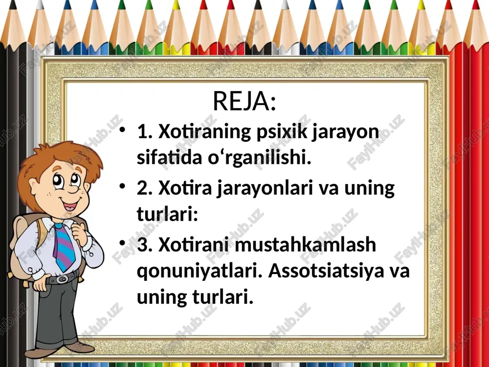 t hissiyot, idrok, aql-zakovat kabi ruhiy faoliyatning ko‘rinishlari mavjuddir. ana shu ruhiy faollik turlarining har biri tegishli harakatlarda va ularning mahsulotlarida o‘z ifodasini topib harakatlarda, hissiy kechinmalarda, tuyg‘ularda, obrazlarda, timsollarda, fikr va mulohazalarda aks etadi his – tuyg‘u yoki emotsional xotira. bu xotira xis-tuyg‘ular ruhiy kechinmalar, hissiyotlar, ehtiyojlarimiz va qiziqishlarimiz qanday qondirilayotganligidan, atrofimizdagi narsa va hodisalarning xususiyatiga nisbatan munosabatimiz qay tarzda amalga oshirilayotganligidan doimo xabar berib turishi imkoniyatiga ega obrazli xotira. obrazli xotira tasavvurlar va turmush manzaralari, shuning bilan birga, tovushlar, ta’mlar ranglar shakllar bilan bog‘liq bo‘lgan xotira turidir. so‘z, mantiq xotirasi mazmunini fikr va mulohazalar, aniq hukm hamda xulosa chiqarishlar tashkil etadi ixtiyoriy xotira deganda ma’lum maqsadni ro‘yobga chiqarish uchun muayyan davrlarda, aqliy harakatlarga suyangan holda amalga oshirishdan iborat xotira jarayoni tushuniladi. bu faoliyatni odam ongi bevosita boshqaradi. ixtiyorsiz xotiraning muhim xususiyatlaridan biri – maxsus mnemik maqsadsiz, aqliy, asabiy, irodaviy zo‘r berishsiz hayotiy ahamiyatga ega bo‘lgan keng ko‘lamdagi ma’lumot, …