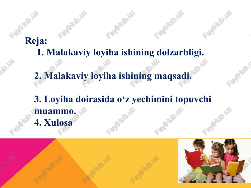 qilish hamda tarkibini shakllantira olmasligi; maktabgacha ta’lim tashkilotlarida faoliyat ko‘rsatayotgan pedagogik kengashi a’zolarining o’z vakolat va mashburiyatlarini bilmasligi; maktabgacha ta’lim tashkilotlarida pedagogik kengashi a’zolarining moliyaviy muammolarga yechim topa olmasligi. loyiha foydalanuvchilari: maktabgacha ta’lim tashkiloti direktorlari, tarbiyachi –metodistlar, tarbiyachilar, ota-onalar, maktabgacha ta’lim yo‘nalishi bo‘yicha ta’lim olayotgan tabalalar, malaka oshirish va qayta tayyorlash kurslari tinglovchilari. xulosa o'rta guruhlarda savodxonlikka o’rgatish mashg’ulotlarini tashkil qilishda ko’rgazmali qurollar muhim ahamiyatga ega. ko’rgazmali o’yinni o’ynar ekan, bolalar ijtimoiy ko’nikmalarni kasb etadilar. bola o’z tengquri bilan yonma-yon o’tirib biron narsani ko’rayotganda, boshqa bolaning ishini kuzatayotganda, undan nusxa ko’chirganda, bir nechta sheriklari bilan birgalikda jamoa bo’lganida, ular bilan baxslashgan va fikrlashganda, o’ylagan niyatini rejalashtirganda va amalga oshirganda o’zini ijodkorligini, ma’suliyatini his qiladi. ko’rgazma vositalari orqali bolaning estetikasi, ijodkorligi, qiziquvchanligi o’sib boradi. bunday bolalar mustaqil fikrga ega, o’z fikrini bayon eta oladigan bo’lishadi. foydalanilgan adabiyotlar: e’tiboringiz uchun raxmat! image3.jpeg image4.jpeg /docprops/thumbnail.jpeg