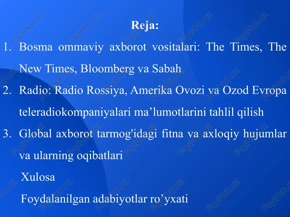 iyi gazetesi, 1997-yil yanvar oyida internetda veb-sayt ochildi. amerikaning the new york times gazetasi, the new york times international weekly gazetasidan turkchaga tarjima qilingan maqolalarni chop etish uchun sabah gazetasini tanladi. sabah gazetasi germaniyada sabah deutsch nomi bilan nemis tilida, turkiyada sabah europe nomi bilan, yevropa ittifoqida ingliz, nemis va arab tillarida daily sabah nomi bilan nashr etiladi “amerika ovozi”, “freedom” va “free europe” radiostansiyalarining xorijiy mamlakatlarga eshittirishlari qoʻllab-quvvatlanadi. 1990-yil 10-dekabrda rossiya radiosi butunittifoq radiosining birinchi dasturi bilan bir qatorda, ikkinchi radiokanalda mayak radiosi bilan va uchinchi radiokanalda butunittifoq radiosining uchinchi dasturi bilan eshittirishni boshladi. amerika ovozi (amerika ovozi) - amerika xalqaro jamoat radiosi va unga tegishli radiostansiya. “amerika ovozi”ning faoliyatini radioeshittirishlar boshqaruv kengashi muvofiqlashtiradi. “amerika ovozi” radiostansiyasi birinchi marta 1942-yil 24-fevralda efirga chiqdi. “biz amerika va urush haqida gaplashamiz, yangiliklar yaxshi yoki yomon bo’lishi mumkin - biz sizga haqiqatni aytamiz”, dedi radiostantsiya shu so’zlar bilan eshittirishni boshladi. “amerika ovozi” …