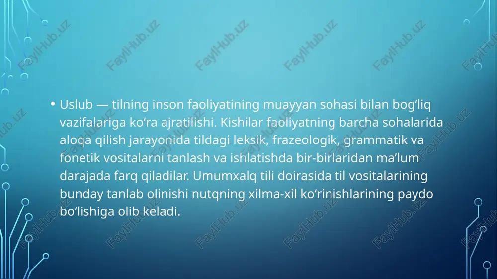xolislik, aniqlik, ixchamlik, mazmuniy toʻliqlikdan iborat zaruriy sifatlari undagi oʻziga xos soʻz qoʻllash, morfologik va sintaktik xususiyatlar orqali taʼmin etiladi image2.png /docprops/thumbnail.jpeg