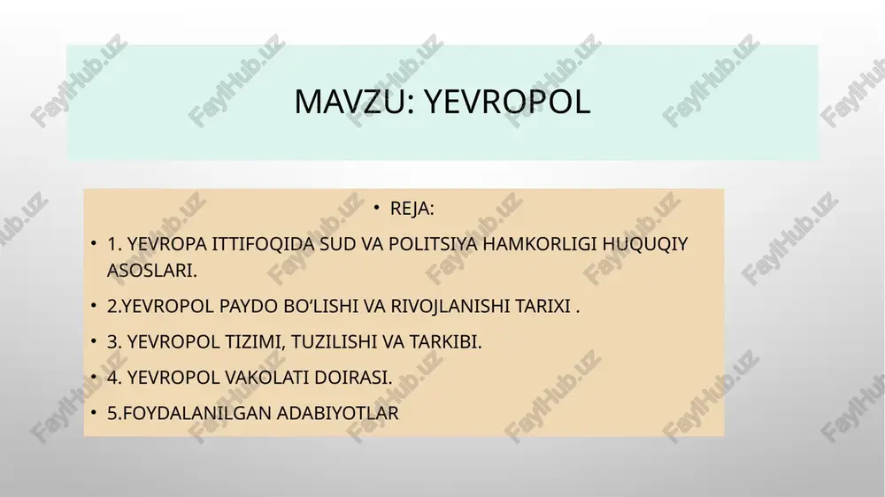 ning huquqiy vorisi hisoblanadi. har bir a’zo davlatda yevropol tashkil etilgan yoki tayinlangan bitta milliy bo‘lim bilan bog‘langan. 2009-yil 6-apreldagi qaror bilan tashkil etilgan “yangi” yevropol “eski” yevropolning, shu jumladan, u tomonidan tuzilgan xalqaro shartnomalarga nisbatan ham huquqiy voris sifatida namoyon bo‘ladi. qarorning 64 moddasiga muvofiq u 2010-yil 1-yanvardan yoki birmuncha keyinroq (agar qayd etilgan sanada yevropa ittifoqi kengashi tomonidan “yangi”, shu jumladan, personalining imtiyozlar va immunitetlari to‘g‘risidagi maxsus reglament tasdiqlanmasa) o‘z faoliyatiga kirishadi. ma’muriy kengash: - yevropol maqsadlariga erishilmaganligini aniqlashga imkon beruvchi baholash me’zonlarini o‘z ichiga olgan strategiyani ishlab chiqadi; - direktorning faoliyati ustidan shu jumladan ma’muriy kengash qarorlarini ijro etish ustidan nazoratni amalga oshiradi; - har qanday qarorlar yoki choralar qo‘llanilishini qabul qiladi; - direktor taklifiga ko‘ra va komissiya roziligi bilan yevropol personaliga nisbatan qo‘llaniluvchi tartib to‘g‘risida qoidalar qabul qiladi; - komissiya bilan kelishuvga asosan moliyaviy reglamentni qabul qiladi va buxgalterni tayinlaydi; - ichki audit bo‘limini tuzadi va …