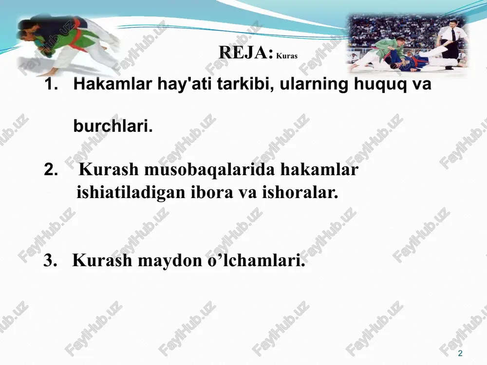akam vazifalari: 6 a) musobaqa o'tkaziladigan joy (sport zali yoki stadion), anjomlar va gilamlarning tayyorlanishini tekshiradi; b) qur'a tashiash jarayonida kuchli kurashchilarni ikki guruhga bo'ladi; d) hakamlarni gilamlarga taqsimlaydi; e) musobaqa jadvalini tuzadi; f) kurashchilarni tarozida tortish uchun hakamlarni belgilaydi; g) har bir olishuv uchun hakamlarn tayinlaydi va ularning harakatlarini nazorat qilib boradi h) musobaqa boshlanishidan oldin hamkamlar hay'atining majlisini o'kazadi; obrazets teksta vtoroy uroven tretiy uroven chetvertiy uroven pyatiy uroven 6 i) musobaqa davomida har kuni musobaqalardan so'ng hakamlar ay'ati, murabbiylar, jamoalar vakillari bilan birgalikda shu kungi musobaqaning natijalarini va hisobotini ko'rib chiqadi, kamchilik va nuqsonlarni o’z huquqi va imkoniyat i doirasida bartaraf qiladi; j) agar zururiyat bo'lib qolsa, hakamlar hay'ati majlisini har qanday vaqtda o'tkazishi muinkin; k) hakamlarning musobaqaga tayyorgarligini va musobaqa jarayonin i baholab boradi; l) musobaqadan keyin uning qay darajada taslikil qilinganligi va o'tkazilganligi haqida yozma hisobot bayonini to'ldirib, tegishli tashkilotga topshiradi. 7 obrazets teksta vtoroy …