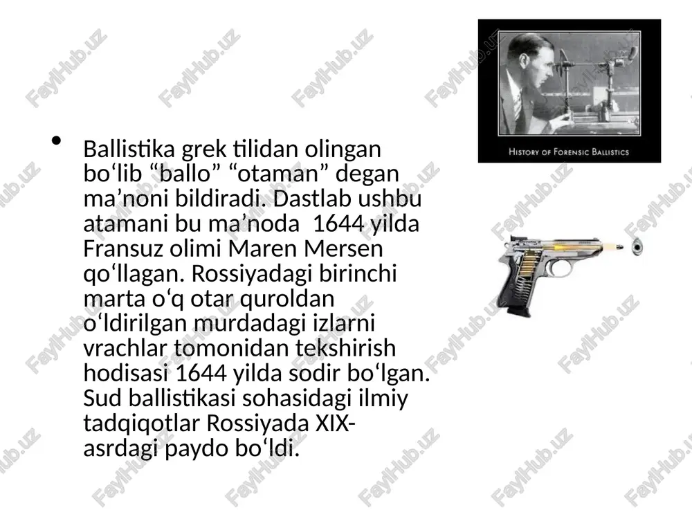 ar va ularning qismlarini kelib chiqish (ishlab chiqish) usulini aniqlash; otish quroliga o‘xshash buyumlarni otish quroli qatoriga kiritish. ballistik tadqiqot o‘tkazish vazifasi quyidagi masalalarni o‘z ichiga oladi. 2. diagnostik masalalar: otish qurolining soz-nosozligi, otishga yaroqli ekanligi va quroldan o‘q o‘z-o‘zidan otilib ketishi mumkinligini aniqlash; ballistik tadqiqot o‘tkazish vazifasi quyidagi masalalarni o‘z ichiga oladi. 3. identifikatsiyaviy masalalar: otilgan o‘q va gilza avval bitta patronni tashkil qilganligini aniqlash; o‘q va gilzalar aynan qaysi quroldan otilganligini aniqlash. ballistik tadqiqot o‘tkazish vazifasi quyidagi masalalarni o‘z ichiga oladi 4. otish qurolini qo‘llashdagi turli vaziyatlar: otish sharoiti-holati (joyi, masofasi, o‘qning yo‘nalishi) va boshqa holatlarni aniqlash). o‘q otishdan hosil bo‘ladigan izlar, jarohatlar inson tanasida, kiyimida yuz bersa sud-tibbiyot tekshiruvi bilan bir qatorda kriminalistik tekshiruv ham o‘tkaziladi. masalan, jabrlanuvchiga o‘tkir kesish-chopish, otish quroli bilan jarohat yetkazilganda uning suyak to‘qimlarida aks etuvchi izlar tibbiyot va kriminalistika sohasidagi mutaxassislarning hamkorligida, ya’ni kompleks ekspertiza o‘tkaziladi. quyidagilar kriminalistik ballistikaning asosiy vazifalaridir: o‘q …