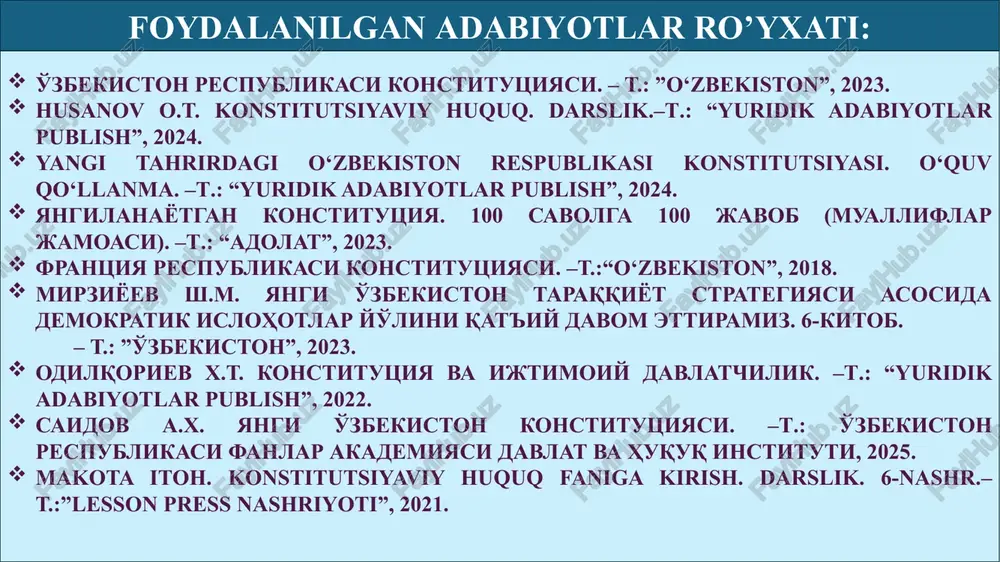 ston respublikasi huquqiy tizimining tarkibiy qismidir. agar o'zbekiston respublikasining xalqaro shartnomasida o'zbekiston respublikasining qonunida nazarda tutilganidan boshqacha qoidalar belgilangan bo'lsa, o'zbekiston respublikasining xalqaro shartnomasi qoidalari qo'llaniladi. davlat va uning organlari, boshqa tashkilotlar, mansabdor shaxslar, fuqarolik jamiyati institutlari hamda fuqarolar konstitutsiya va qonunlarga muvofiq ish yuritadilar (15-modda). ushbu konstitutsiyaning birorta qoidasi o'zbekiston respublikasining huquq va manfaatlariga, ushbu konstitutsiyaning birinchi bo'limida nazarda tutilgan asosiy printsip va normalarga zarar etkazadigan tarzda talqin etilishi mumkin emas. o'zbekiston respublikasining qonunlari va boshqa normativ-huquqiy hujjatlari o'zbekiston respublikasining konstitutsiyasi asosida va uni ijro etish yuzasidan qabul qilinadi. birorta qonun yoki boshqa normativ-huquqiy hujjat konstitutsiyaning printsip va normalariga zid bo'lishi mumkin emas (16-modda). “qonuniyat” deganda tabiat va ijtimoiy qonuniyatlarni nazarda tutamiz. masalan, vodorod va kislorodning qo'shilishi suvni hosil qilishi tabiat qonuniyatidir yoki talab taklifdan oshsa, narxlarning oshishi jamiyat qoidalaridir. “qonun” tushunchasi yunon tilida “romos”, lotin tilida “lex”, ingliz tilida “law” so'zlari bilan ifodalanib, bir tomondan, huquqiy normalarni anglatsa, …
