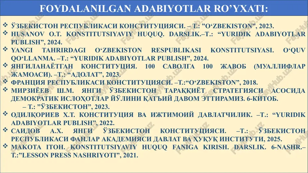 unoslik geometriya adabiyotshunoslik mexanika antropologiya botanika madaniyatshunoslik genetika mantiq va boshqalar zoologiya va boshqalar yuridik fanlar tarixiy-nazariy fanlar soha (tarmoq) fanlar maxsus yuridik fanlar xalqaro huquqiy fanlar davlat va huquq nazariyasi konstitutsiyaviy huquq kriminalistika xalqaro ommaviy huquq davlat va huquq tarixi fuqarolik huquqi sud psixologiyasi xalqaro xususiy huquq siyosiy va huquqiy ta’limotlar tarixi oila huquqi sud tibbiyoti xalqaro jinoyat huquqi davlat va huquq falsafasi mehnat huquqi sud psixiatriyasi xalqaro dengiz huquqi davlat va huquq sotsiologiyasi jinoyat huquqi sud buxgalteriyasi xalqaro kosmik huquq qiyosiy huquqshunoslik ijtimoiy-ta’minot huquqi sud statistikasi va boshqalar diplomatiya va konsullik huquqi va boshqalar yuridik antropologiya va boshqalar fuqarolik-protsessual huquqi jinoyat-huquq-protsessual iqtisodiy-huquq-protsessual ekologiya huquqi va boshqalar konstitutsiyaviy huquq fanining predmeti: konstitutsiyaviy huquq fani – tegishli huquq sohasiga oid qonuniyatlarni, tushunchalarni, konstitutsiyaviy va boshqa sohalarga taalluqli qonunlarning mazmun-mohiyati, vazifasini, konstitutsiyaviy-huquqiy institutlarni o'rganadi, tahlil qiladi, ular yuzasidan ilmiy-nazariy fikrlar va xulosalarni vujudga keltiradi. konstitut-siyaviy huquqning predmeti ijtimoiy munosabat-larning ikki asosiy …