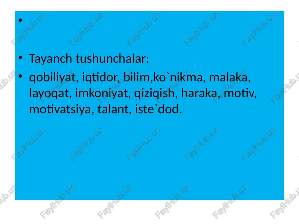 adi. qobiliyatlar individual psixologik xususiyatlar bo’lishi bilan aql sifatlari xotira xususiyatlariga, hissiy xususiyatlar va shu kabilarni qarama-qarshi qo’yib bo’lmaydi, hamda qobiliyatlarni shaxsning bu xususiyatlari bilan bir qatorga qo’yish ham mumkin emas. agar shu sifatlarning birortasi yoki ularning yig’indisi faoliyat talablariga javob bersa yoki bu talablar ta'siri bilan tarkib topsa bu shaxsning mazkur individual xususiyatlarini qobiliyatlar deb hisoblashiga asos bo’ladi. qobiliyat kishining psixologik va fiziologik tuzilishi xususiyatidir. qobiliyat bilim olish uchun zaruriy shart-sharoit bo’lib, shuning bilan birga u ma'lum darajada bilim olish mahsuli hamdir. umumiy va maxsus bilimlarni o’zlashtirish, shuningdek, kasbiy ko’nikmalarni egallab olish jarayonida qobiliyat mukamallashib va rivojlanib boradi. qobiliyatga yaqinroq turadigan tushunchalar ko’nikma va malakadir. ular faoliyat mexanizmini tashkil qiladilar. qamda ular qobiliyat bilan birgalikda mahoratga erishishni ta'minlaydilarki, buning natijasida mehnatda katta yutuqlar qo’lga kiritiladi. qobiliyatli, ammo noshut inson ko’p narsaga erisha olmaydi. qobiliyat ko’nikmada ro’yobga chiqadi. darhaqiqat, qobiliyatli kishining ko’nikma va malakalari ko’p qirrali va mukammallashgan bo’ladi. shuning …