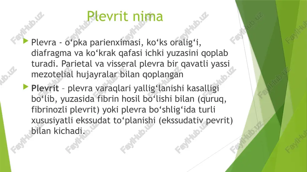 dat ko‘pincha bir oy davomida so‘riladi); tuberkulinga sezgirlik yuqori bo‘lganligi uchun tuberkulin sinamasi musbat bo‘ladi; periferik qonda eozinofiliya va echtni sezilarli oshishi; ekssudat serozli bo‘lib (boshlang‘ich davrida seroz-gemorragik bo‘lishi mumkin), o‘zida ko‘p miqdorda limfotsitlar, ba’zida eozinofillar tutadi; ko‘pincha boshqa kasalliklar bilan qo‘shilib keladi, reaktivlik oshganligi tufayli poliartrit, tugunchali eritema qo‘shiladi; plevral suyuqlikda tuberkulyoz mikobakteriyasi bo‘lmaydi. perifokal plevrit o‘pkaning tuberkulyozli o‘chog‘i subplevral sohada joylashsa perifokal plevrit oson yuzaga keladi. perifokal plevritning xususiyatlari: ekssudativ plevritni uzoq, tez-tez qaytalanib kechishi; rezorbsiya davrida ko‘p miqdorda plevral chandiqli bitishmalar hosil bo‘lishi; ekssudatning seroz xususiyatli bo‘lishi, ko‘p miqdorda limfotsitlar va yuqori titrda lizotsim tutishi; ekssudatda mikobakteriya aniqlanmaydi; plevral punksiya va ekssudat evakuatsiyasidan so‘ng rentgenologik tekshiruv o‘tkazilganda o‘pkaning tuberkulyozli zararlanish shakllaridan birini (o‘choqli, yallig‘langan, kavernali) aniqlanishi; tuberkulin sinamaga yuqori sezgirlik. plevra tuberkulyozi plevra tuberkulyozi – plevrani tuberkulyozli jarayon bilan bevosita zararlanishi, bu hol yakka o‘zi yoki o‘pka tuberkulyozi shakllari bilan qo‘shilib kelishi mumkin. bunda plevra varaqlari orasida …
