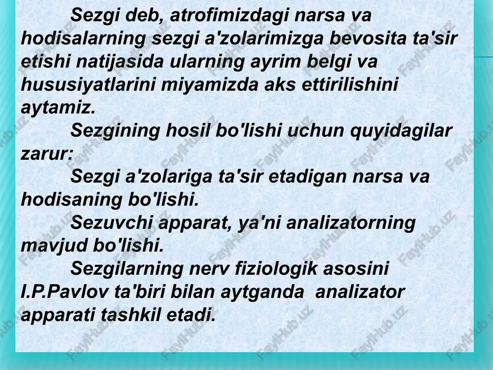 sezgilar u borasida rus psihologi a.r.luriya tadqiqot ishini olib borgan. uning fikricha, interoretseptiv sezgilar asl, tub, ma'nodagi sezgilar emas, balki emotsiyalar bilan sezgilar o'rtasidagi oraliq sezgilar sifatida namoyon bo'ladi. psihologiya fanida mazkur sezgilar to'la o'rganilmaganligi sababli uni “noma'lum hislar” deb atalgan. miya po‘stlog‘ining chakka qismi buzilganda, inson yuzini tanish javobgarligi yo‘qoladi va bu kasallik prosopagnoziya deb nomlanadi. unda sezgilari normal, lekin idroki normal emas. unga notanish chexrani ko‘rsatishganda u bunga e’tibor beraydi. unga tanish chexrani ko‘rsatishganda, avtonom nerv sistemasi reaksiyasi shuni ko‘rsatadiki u xavotirlanadi va terlashni boshlaydi, lekin bu inson kimligini aytib bera olmaydi. miyani buzilganligi sababli, u ma’lumotlarni sxema bo‘yicha tepadan pastga qrab ishlolmaydi – to‘plangan bilimlarni sensor ma’lumotlar bilan bog‘lay olmaydi. psychology david g. myers hope college holland, michigan 210r interoretseptiv sezgilarning fiziologik mehanizmlari intero-sepsiya bilan birgalikda k.m.bikov, v.n. chernigovkiylar tomonidan atroflicha o'rganilgan. ularning fikriga ko'ra, bu narsalarning barchasi shartli reflektor faoliyati mehanizmlaridan kelib chiqadi proprioseptiv sezgilar gavdaning …