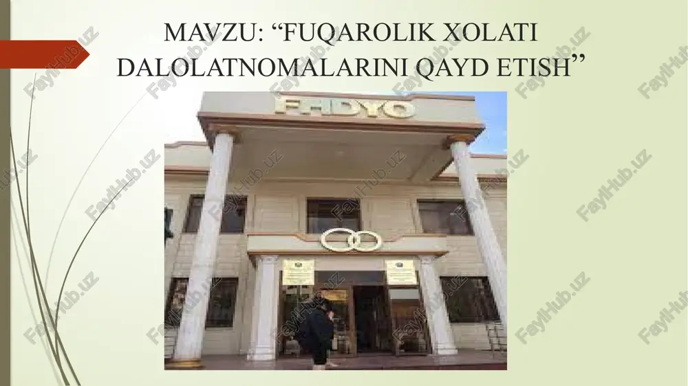 h yoxud vaqtincha turgan joyi bo’yicha ro’yxatdan o’tkan joyidan qat’iy nazar, fuqarolik xolati dalolatnomalarini yozish organlarida bir oy ichida amalga oshirilishi lozim. bolaning tug’ulishi uninh tug’ulganligi xaqidagi tibbiy ma’lumotnoma, ota-onaning oilaviy xolati va shaxsini tasdiqlovchihujjatlari asosida qayd etiladi. bolaning o’lik tug’ulganligi, tibbiy muassasaning xabariga binoan 24 soat davomida shu muassasa joylashkan erdagi fuqarolik xolati dalolatnomalarini yozish organi tomonidan qayd etiladi. agar ota-ona bolaninh tug’ulishini qayd etish bilan bir vaqtda otalikni belgilash xaqida birgalikda ariza bersalar, ota xaqidagi ma’lumotlar berilgan ariza asosida yoziladi, bolaga familiya, ota-onasining kelishuviga asosan beriladi. o’limni qayd etish o’limni qayd etish marxumning doimiy yashash yoki vaqtincha turgan joyi bo’yicha r’yxatdan o’tkan joyidan qat’iy nazar, fuqarolik xolati dalolatnomalarini yozish organi tomonidan amalga oshiriladi. fuqaroni vafot etkan deb elon qilish xaqidagi sudning xal qiluv qaroriga asosan o’limni qayd etish sudning qarorida ko’rsatilgan fuqarolik xolati dalolatnomalarini yozish organi tomonidan amalga oshiriladi. o’lim sodir bo’lganligi xaqidagi ariza o’lim sodir bo’lgan kuni …