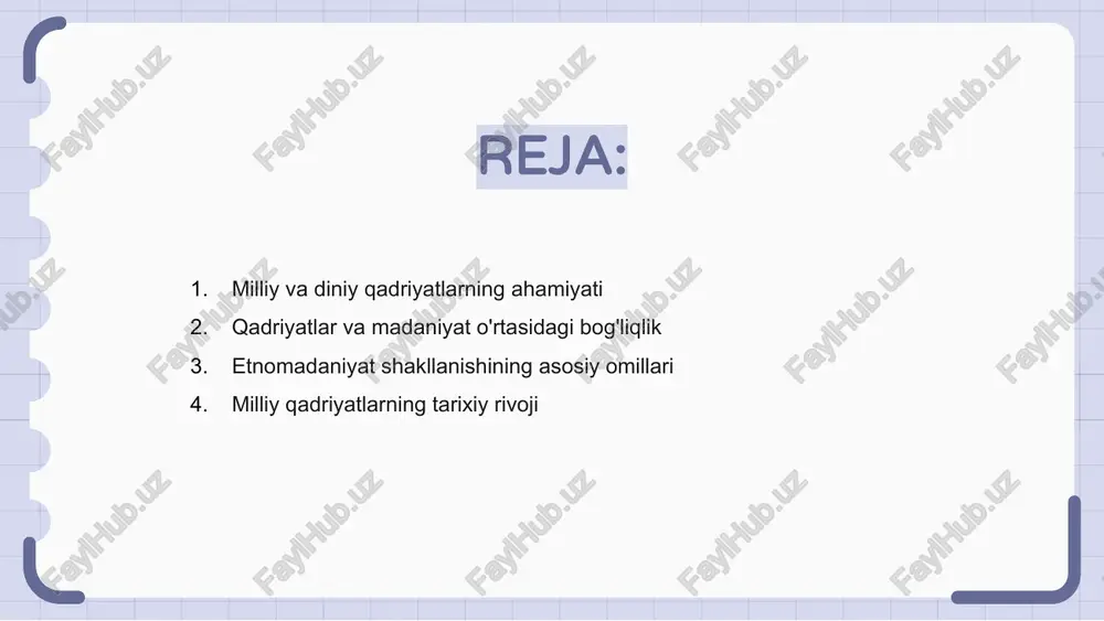 ojlantiradi. milliy qadriyatlarning tarixiy rivoji milliy va diniy qadriyatlar xalqlarning tarixiy rivojida muhim o'rin egallaydi, ular eknomadaniyat shakllanishida asosiy omil bo‘lib xizmat qiladi. ularning o‘zgarishi va rivojlanishi jamiyatlarning ijtimoiy, madaniy va iqtisodiy iqlimida keskin ta'sir ko‘rsatadi, milliy identitet va qadriyatlarga asos yaratadi. qadriyatlarning tarixi davomida o‘zgarishi xalqlar eknomadaniyatining rivoji uchun muhim bo‘lib, ular milliylik va diniy an'analarni saqlab qolish uchun asos bo‘lib xizmat qiladi. diniy qadriyatlar va jamiyat taraqqiyoti milliy va diniy qadriyatlar xalqlar hayotida muhim rol o‘ynaydi, ular jamiyat rivojlanishi va madaniyat shakllanishiga ta'sir ko‘rsatadi. diniy qadriyatlar ozodlik, halollik va adolat kabi asosiy taraqqiyot prinsiplarini mustahkamlab, insonlar orasida chegaralarni kamaytiradi va birligini ta'minlaydi. shunday qilib, milliy va dini qadriyatlar o‘zaro ta'sirda jamiyatning taraqqiyotini yuksaltiradi, madaniyatni boylashtiradi va ijtimoiy barqarorlikni mustahkamlaydi. milliy va diniy qadriyatlarning o'zaro ta'siri milliy va diniy qadriyatlar xalqlarning madaniyat rivojlanishida muhim rol o'ynaydi. ular ijtimoiy hayotni va an'analarning saqlanishini ta'minlaydi. qadriyatlarning o'zaro ta'siri madaniy noyoblikni shakllantiradi, …