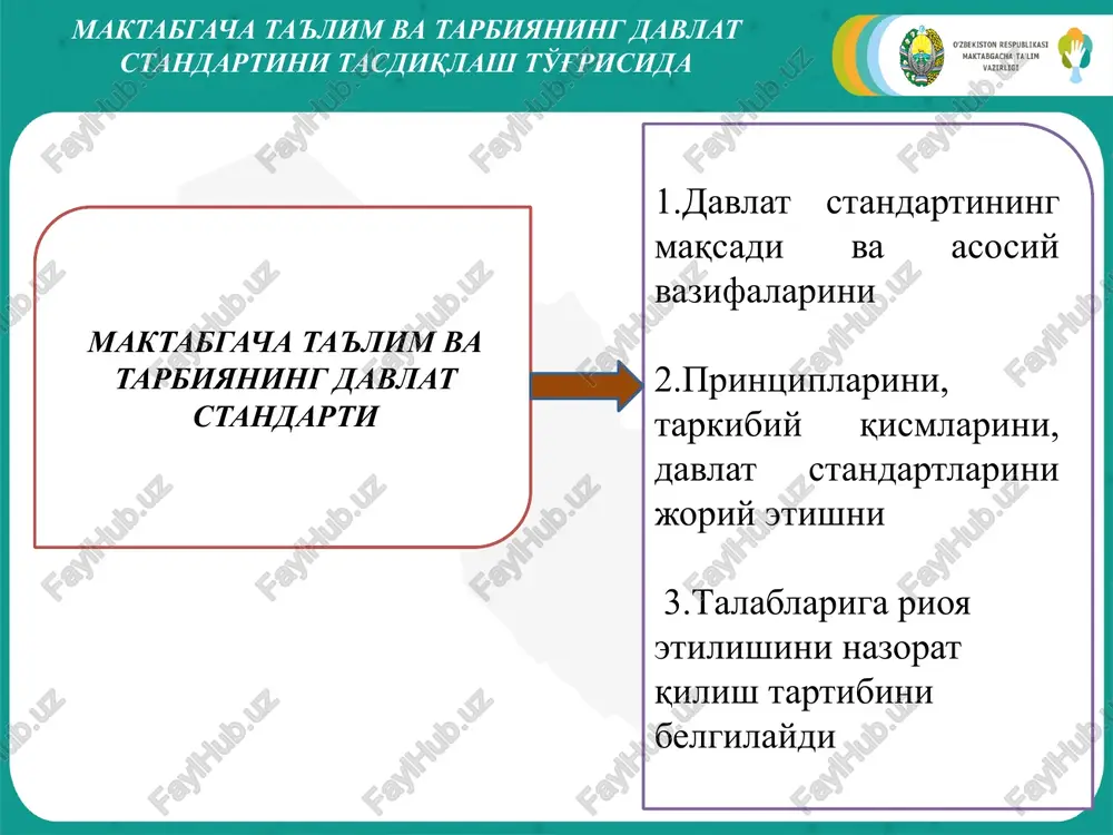 'zdst 1.0-98. "uzbekiston respublikasi standartlashtirish davlat tizimi. asosiy qoidalar"; o'zdst 1.1-92. "uzbekiston respublikasi standartlashtirish davlat tizimi. uzbekiston respublikasi standartlarini ishlab chiqish, muvofiqlashtirish, tasdiqlash va rӯyxatdan ӯtkazish tartiblari" davlat standartini bajarish uzbekiston respublikasi hududida faoliyat kӯrsatayotgan barcha maktabgacha ta'lim tashkilotlari uchun majburiydir. davlat standarta kamida besh yilda bir marta qayta kӯrib chiqiladi. 5 2-bob. davlat standartining maqsadi va asosiy vazifalari davlat standartining maqsadi - maktabgacha ta'lim tizimini zamonaviy talablarga asoslangan holda tashkil etish bolalarni sog'lom va har tomonlama etuk qilib voyaga etkazish.maktabgacha yoshdagi bolalarning sog'lom ovqatlanishini va xavfsizligini tashkil etishga doir majburiy minimum talablarni joriy etish va nazoratini tashkil etish ta'lim-tarbiya jarayoniga samarali ta'lim va tarbiya shakllari hamda usullarini joriy etish hamda ma'naviy barkamol avlodni tarbiyalash ta'lim-tarbiya jarayonining hajmiga, mazmuniga va sifatiga, maktabgacha ta'lim tashkilotini qurish va jihozlash 2-bob. davlat standartining maqsadi va asosiy vazifalari maktabgacha ta'limning mazmuni va sifatiga qӯyiladigan talablarni belgilash milliy, umuminsoniy va ma'naviy qadriyatlar asosida tarbiyalashning samarali …