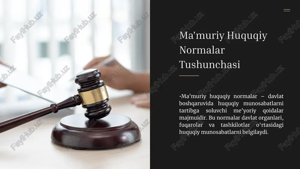 elgilash. ijtimoiy manfaatlarni himoya qilish – jamoat xavfsizligi va fuqarolar manfaatlarini ta’minlash. takomillashtirish yo‘llari qonunchilikni rivojlantirish – zamonaviy qonunlarni ishlab chiqish va takomillashtirish. huquqiy savodxonlikni oshirish – fuqarolarni huquqiy bilimlar bilan ta’minlash. ma’muriy boshqaruvni raqamlashtirish – zamonaviy texnologiyalardan foydalanish. xulosa •ma'muriy huquqiy normalar davlat va jamiyat barqarorligi uchun muhim ahamiyatga ega bo‘lib, ular davlat boshqaruvining samarali ishlashini ta’minlaydi. shuningdek, fuqarolar va davlat o‘rtasidagi munosabatlarni tartibga solib, huquqiy tartibni saqlashga xizmat qiladi. e'tiboringiz uchun rahmat image1.jpeg image2.png image3.svg image4.jpeg image5.jpeg image6.jpeg image7.jpeg image8.jpeg image9.jpeg image10.jpeg image11.jpeg image12.jpeg image13.jpeg image14.jpeg image15.jpeg image16.jpeg image17.jpeg image18.jpeg image19.jpeg image20.jpeg image21.jpeg /docprops/thumbnail.jpeg