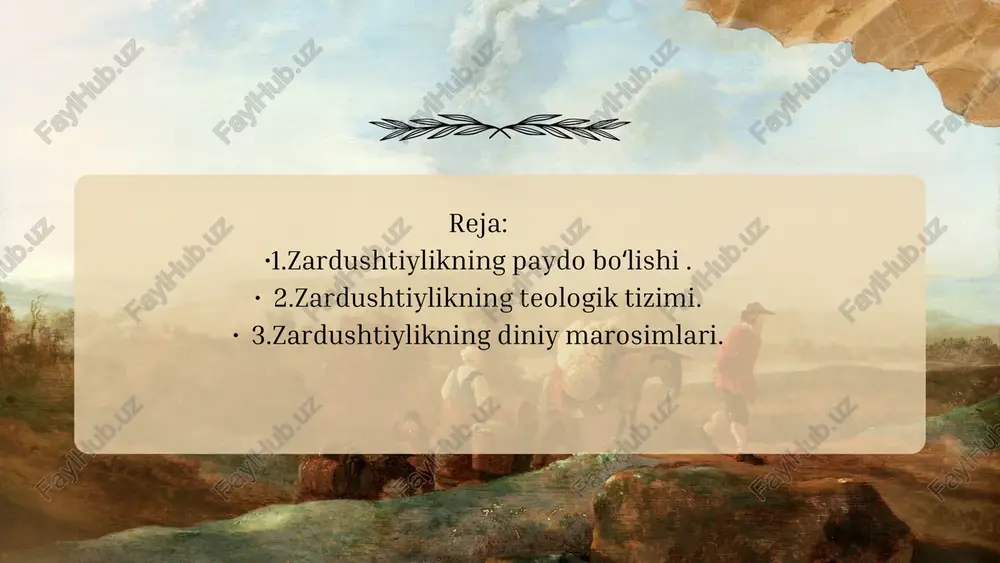 iniy e’tiqodlari va nazariy asoslari) 1. ahura mazda — yagona yaratuvchi xudo 2. ezgu va yovuz kuchlar o‘rtasidagi kurash 3. insonning erkin irodasi 4. axloqiy uchlik tamoyili 5. oxiratga e’tiqod. 6. muqaddas matn — avesto 7. diniy amaliyot va marosimlar 1. ahura mazda — yagona yaratuvchi xudozardushtiylikda yagona oliy ilohiy zot — ahura mazda deb ataladi. u haqiqat, nurlilik, donolik, adolat va ezgulik timsoli.butun olamni va odamzotni u yaratgan. zardushtiylik dualist elementlarga ega bo‘lsa-da, bu dinning markazida monoteizm (yagona xudoga e’tiqod) turadi. 2. ezgu va yovuz kuchlar o‘rtasidagi kurash ahura mazda yaratgan olamda ezgulik va yovuzlik o‘rtasida doimiy kurash bor. ezgulik kuchi — spenta mainyu (muqaddas ruh). yovuzlik kuchi — angra mainyu (ahriman) deb ataladi.bu ikki kuchning kurashi inson qalbida, jamiyatda va butun olamda kechadi. 3. insonning erkin irodasi zardushtiylikda inson erkin irodaga ega bo‘lib, ezgulik yoki yovuzlik yo‘lini tanlashi mumkin. har bir insonning amallari uning oxiratdagi taqdirini belgilaydi. ezgu …