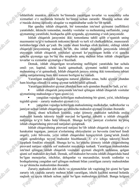 rivojlanadi va bir- biriga ta'sir ko‘rsatadi. respublika milliy iqtisodiyotida tovarlar ishlab chiqarish va xizmat ko‘rsatish sohalarining yaimdagi mutloq miqdori va nisbiy ulushi quyidagi ma'lumotlar bilan tavsiflanadi: moddiy ishlab chiqarish sohasi o‘z navbatida ikki bo‘linmadan — birinchi va ikkinchi bo‘linmalardan iborat bo‘ladi. birinchi bo‘linmada ishlab chiqarish va xizmat ko‘rsatish korxona va tashkilotlarining ishlab chiqarish iste'moli uchun zarur bo‘lgan vositalar – texnologiya, mashina, asbob-uskuna, xomashyo va turli materiallar ishlab chiqariladi. ikkinchi bo‘linmada esa xalq iste'moli uchun zarur bo‘lgan iste'mol tovarlari ishlab chiqariladi. birinchi bo‘linmada ishlab chiqarishdan chiqqan tovarlar shu yilning o‘zida ikkinchi bo‘limda va xizmat ko‘rsatish sohalarida ishlab chiqarish vositasi sifatida ishlatilishi mumkin, ikkinchi bo‘linmada yaratilgan tovarlar va nomoddiy soha xizmatlari o‘z navbatida birinchi bo‘linma uchun zarurdir. shuning uchun ular o‘rtasida doimo iqtisodiy aloqalar va munosabatlar sodir bo‘lib turadi. har qanday ishlab chiqarish, bir tomondan iste'mol qiymatni (naflilikni) yaratishdir, ikkinchi tomondan, moddiy vositalar va mehnatning sarflanishi, yangi qiymatning yaratilishi, boshqacha qilib aytganda, …
