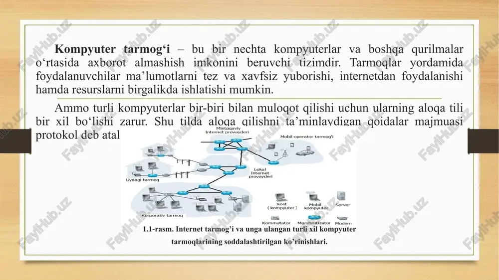 ar mavjud. ular tarmoqning turli qatlamlarida ishlaydi va ma’lumot almashish jarayonining ma’lum bosqichini boshqaradi. har bir protokol o‘ziga xos vazifani bajaradi — ba’zilari ma’lumotni uzatish bilan shug‘ullansa, boshqalari xavfsizlik, manzillash yoki xatoliklarni tekshirish uchun mas’ul bo‘ladi. protokollar bir-biridan mustaqil ishlamaydi — ular o‘zaro bog‘liq holda, qatlamli tizim asosida harakat qiladi. masalan, foydalanuvchi internetda saytga kirganda, amaliy qatlamda http yoki https ishlaydi, transport qatlamida tcp yoki udp, tarmoq qatlamida esa ip protokoli ma’lumotni kerakli manzilga yetkazadi. 2.1-rasm.tarmoq protokollarining ba’zi turlari. shunday qilib, barcha protokollar bir butun mexanizm sifatida ishlaydi. ularning uyg‘unlashuvi tufayli butun dunyo bo‘ylab millionlab kompyuterlar bir-biri bilan muammosiz muloqot qilmoqda. quyida amaliyotda eng ko‘p qo‘llaniladigan asosiy tarmoq protokollari keltirilgan. 1. tcp/ip (transmission control protocol/internet protocol) tcp/ip – bu internetning asosiy protokoli bo‘lib, u ikkita asosiy qismdan iborat: - ip – internet protocol (internet protokoli), bu ma’lumot paketlarini manzilga yo‘naltirishda ishlatiladi. - tcp – transmission control protocol (uzatish boshqaruv protokoli), …