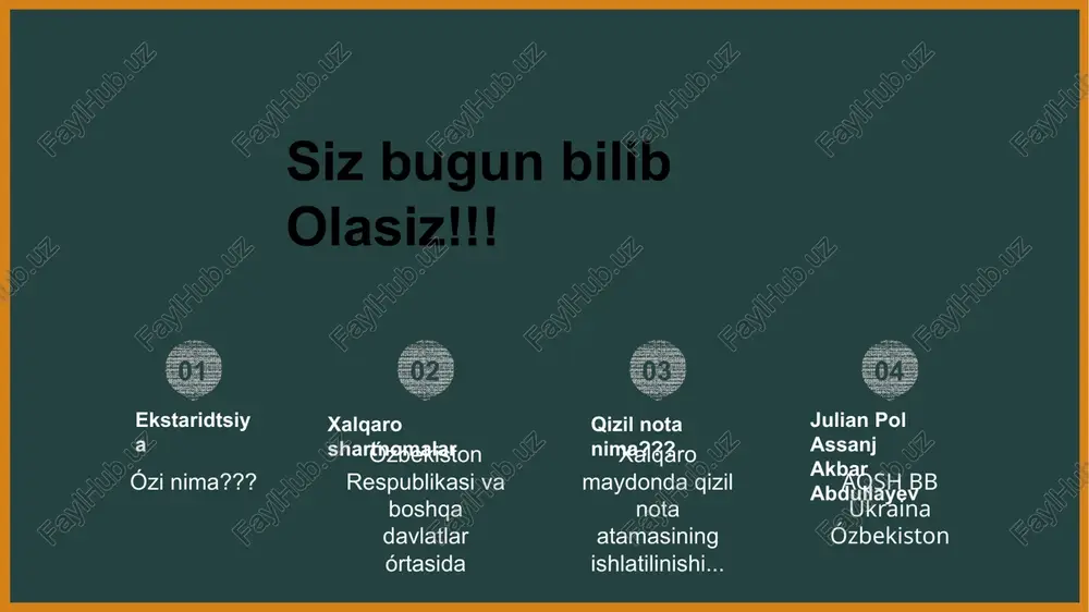 huquqlilik va birgalikda manfaatdorlikni o‘zaro hurmat qilish asosida ahdlashib oldilar 29.09.2000 7 ushlab berishga asos bóladigan jinoyatlar ushlab berishda aloqa tartibi tillar zaruriy hujjatlar takroriy berish,xarajatlar,bahslarni hal etish ushlab berish majburiyati iltimosnonani rad etish asoslari maxsus qoidalar takroriy berish ózbekiston xitoy órtasida tuzilgan ekstraditsiya tóg'risidagi shartnoma ekstraditsiya tóg'risidagi shartnomalar ózbekiston-turkiya 2019-yil 20-avgustdan e’tiboran o‘zbekiston respublikasi bilan turkiya respublikasi o‘rtasida ekstraditsiya to‘g‘risidagi bitim kuchga kirdi.ushbu hujjat 2018-yil 30-aprelda imzolangan edi.bitim jinoiy-huquqiy sohada hamkorlikni kengaytirishga hamda ikki mamlakatning jinoyatchilikka qarshi kurashda yanada samarali hamkorligini ta’minlashga qaratilgan.hujjatda shaxslarni ushlab berish shartlari, ushlab berishni rad kilish uchun asoslar, so‘rovning shakli va mazmuni, shuningdek, so‘ralayotgan tomonga beriladigan zaruriy tasdiqlovchi hujjatlar nazarda tutilgan. bitimga muvofiq har bir tomon so‘rayotgan tomonga jinoiy javobgarlikka tortish uchun yoki ushlab berishga olib keladigan huquqbuzarlik uchun hukmni bajarish maqsadida qidirilayotgan shaxslarni ushlab berish majburiyatini oladi. qizil nota qizil xabarnoma - bu butun dunyo bo'ylab huquq-tartibot idoralariga ekstraditsiya, taslim bo'lish yoki shunga …