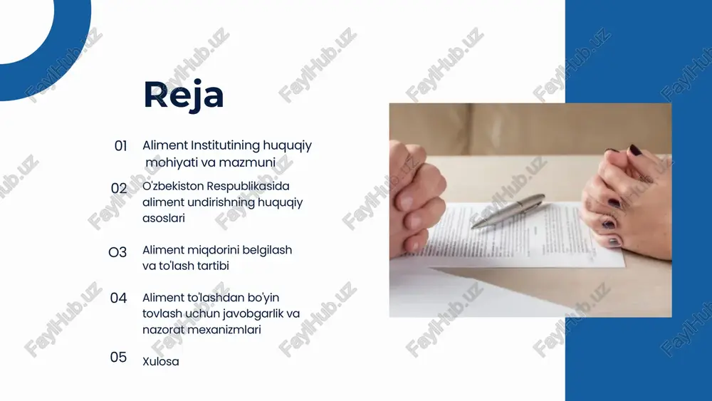 pincha daromadning ma’lum foizi yoki qat’iy pul miqdorida). 4. to‘lash tartibi — oyma-oy, ixtiyoriy ravishda yoki majburiy ijro tartibida amalga oshiriladi. 5. to‘xtatilish asoslari — aliment to‘lovchining yoki oluvchining vafoti, bolalarning voyaga yetishi, mehnatga layoqat tiklanishi va boshqalar. 3. o‘zbekiston respublikasi qonunchiligida aliment o‘zbekiston respublikasining oila kodeksida aliment majburiyatlari batafsil tartibga solingan. xususan: 96–118-moddalarda ota-onalarning bolalarni ta’minlash majburiyati, 119–124-moddalarda esa turmush o‘rtoqlar, sobiq er-xotinlar, boshqa qarindoshlar o‘rtasidagi aliment majburiyatlari ko'rsatilgan. sud aliment miqdorini bola soniga va ota-onaning moddiy ahvoliga qarab belgilaydi. masalan, bitta bola uchun — daromadning ¼ qismi, ikkita bola uchun — ⅓ qismi, uch va undan ortiq bola uchun — ½ qismi miqdorida. aliment institutining mazmuni 2. oʻzbekiston respublikasida aliment undirishning huquqiy asoslari oila kodeksi va boshqa normativ-huquqiy hujjatlarda alimentga oid normalar. aliment toʻlashga majbur shaxslarning doirasi. oila kodeksi va boshqa normativ-huquqiy hujjatlarda alimentga oid normalar oʻzbekiston respublikasida aliment undirishning huquqiy asoslari, avvalo, oila kodeksida belgilangan. oila kodeksi …