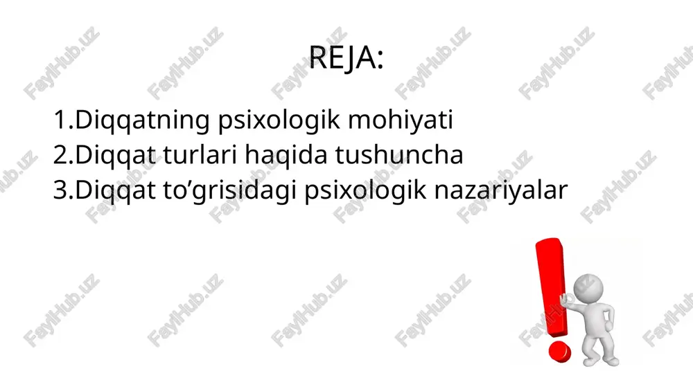 ongimizga yetib bormaydi k.d.ushinskiy diqqat psixik faoliyatning yo’naltirilishi va shaxs uchun ma'lum ahamiyatga ega bo’lgan ob'ekt ustida to’planishidan iborat bilish jarayonidir. yo’naltirish deganda psixik faoliyatning tanlovchanlik tabiati, ob'ektni ixtiyoriy va beixtiyoriy tanlash tushuniladi. o’quvchi maktabda o’qituvchi gapirayotgan gaplarni eshitib o’tirganda mana shu eshitib o’tirish faoliyatini ongli ravishda tanlab olgan, uning diqqati ongli ravishda qo’zg’algan shu maqsadga bo’ysundirilgan bo’ladi. o’quvchining biror boshqa narsaga chalg’imasdan o’quv materialining mazmuniga zehn qo’yib o’tirishida uning psixik faoliyatining yo’nalishi ifodalanadi psixik faoliyatning yo’naltirilishi deganda ana shu tanlashgina tushunilib qolmay, balki ana shu tanlanganni saqlash va qo’llab-quvvatlash tushuniladi. diqqatning bilish jarayoni uchun ahamiyatini alohida ta'kidlab o’tish lozimdir. diqqat sezish jarayonida, idrok qilishda, xotira, xayol va tafakkur jarayonlarida har doim ishtirok etadi. diqqat barcha aks ettirish jarayonlarimizning doimiy yo’ldoshidir. diqqat barcha psixik jarayonlarimizda qatnashsa ham, lekin diqqatning o’zi hech narsani aks ettirmaydi. odam biror narsaga zo’r diqqat bilan kirishgan paytida uning tashqi qiyofasida ayrim o’zgarishlar ko’zga tashlanadi. demak, …