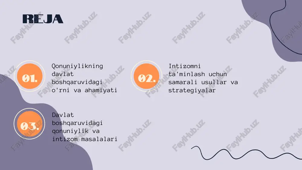 aydi. samarali usullar: qonuniy, ta'lim, nazorat 1. qonuniy asoslar: qonunlar intizomni ta'minlashda muhimdir. 2. ta'lim: ta'lim tizimida intizomni o'rganish va tarbiyalash jarayonlari orqali mustahkamlash zarur. 3. nazorat: fuqarolar o'rtasida nazorat o'rnatish orqali intizomni oshirish mumkin. samarali strategiyalarni amalga oshirish strategiyalarni belgilash 1. maqsadlarni aniqlash: asosiy maqsadlar va natijalarni belgilash. 2. resurslar: zarur resurslarni topish va taqsimlash. 3. o'lchovlar: strategiyalarning muvaffaqiyatini baholash mezonlari. amaliyotga tatbiq etish 1. monitoring: amaliyot jarayonlarini kuzatish. 2. tahlil: olingan natijalarni tahlil qilish va muammolarni aniqlash. 3. takomillashtirish: o'zgarishlar kiritish va strategiyalarni rivojlantirish. davlat boshqaruvidagi qonuniylik - qonuniylik: davlat boshqaruvidagi muhim tushuncha bo'lib, u har bir qaror va harakat qonunlarga asoslangan bo'lishini ta'minlaydi. - davlat boshqaruvidagi qonuniylik, adolat va barqarorlikni ta'minlaydi. - qonuniylikni ta'minlash uchun: 1) shaffoflik; 2) mas'uliyat; 3) samarali nazorat va jamoatchilik ishtiroki zarur. intizomni ta'minlashning asosiy asoslari intizom - bu tartib, tartib-intizom, va belgilangan qoidalarga muvofiq harakat qilishni anglatadi. u davlat boshqaruvidagi samaradorlik va …
