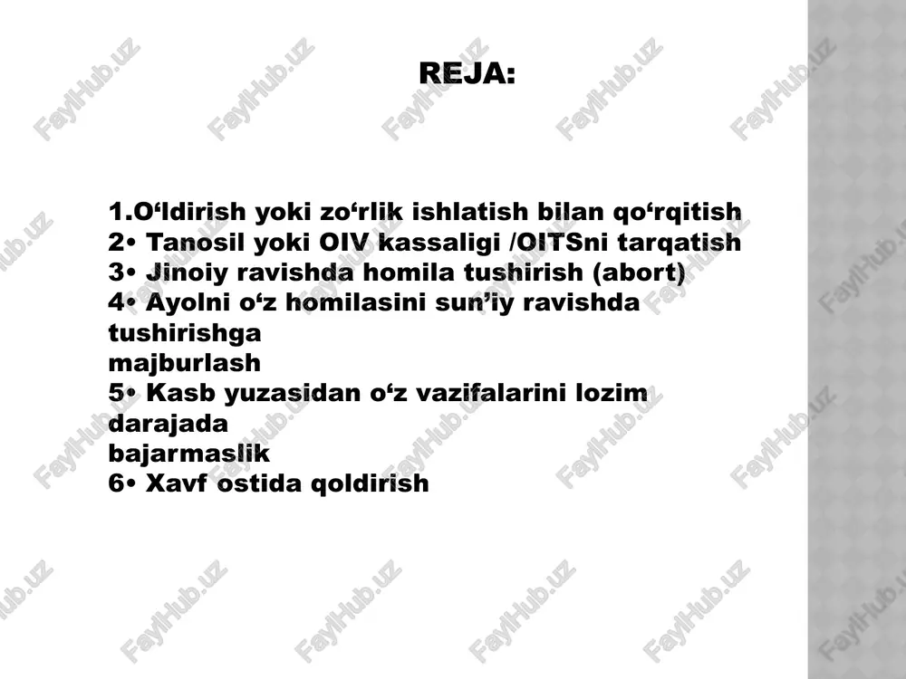 rum qilish bilan jazolanadi. shaxsning kasb yuzasidan o‘z vazifalarini bajarmaganligi yoki lozim darajada bajarmaganligi oqibatida boshqa shaxsga oiv kasalligi/oitsni yuqtirishi — bazaviy hisoblash miqdorining yuz baravaridan ikki yuz baravarigacha miqdorda jarima yoki uch yuz oltmish soatdan to‘rt yuz sakson soatgacha majburiy jamoat ishlari yoki ikki yilgacha axloq tuzatish ishlari yoxud ikki yildan besh yilgacha ozodlikni cheklash yoki besh yilgacha ozodlikdan mahrum qilish bilan jazolanadi. 114-modda. jinoiy ravishda homila tushirish (abort) shifokor akusher yoki ginekolog tomonidan davolash muassasalaridan tashqari joylarda yoki tibbiy nuqtai nazardan mumkin bo‘lmagan holda sun’iy ravishda homila tushirish — bazaviy hisoblash miqdorining yigirma besh baravarigacha miqdorda jarima solish yoki uch yilgacha muayyan huquqdan mahrum qilish yoxud ikki yuz qirq soatgacha majburiy jamoat ishlari yoki bir yilgacha axloq tuzatish ishlari bilan jazolanadi. sun’iy ravishda homila tushirishga huquqi bo‘lmagan shaxsning bunday ishni amalga oshirishi — bazaviy hisoblash miqdorining yigirma besh baravaridan ellik baravarigacha miqdorda jarima yoki ikki yuz qirq soatdan …