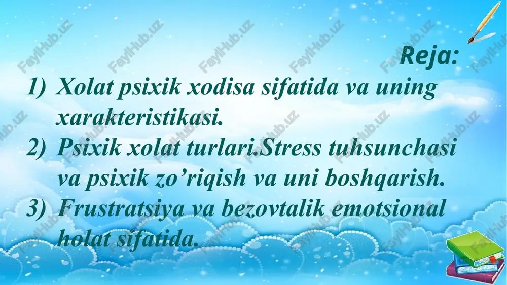 gilar esa ongimizda maksimal darajada namoyon bo‘lgandirlar. inson sezgilari doimo tashqi ifodalarga ega bo‘ladilar, hissiyotlar esa ega bo‘lmaydilar. va nihoyat, hissiyotlar ko‘proq vaziyatga bog‘liq va qisqa muddatli bo‘ladilar, sezgilar esa davomliroq va yorqin ifodalangan predmetli xarakterga ega. ular odamning ma’lum ob’ektlarga nisbatan barqaror munosabatini aks ettiradilar. sezgilar insonning madaniy-tarixiy rivojlanish jarayonida paydo bo‘lganlar va rivoj topganlar. psychology david g. myers hope college holland, michigan 530p emotsiyalarning tashqi ifodasi turli ko'rinishlarda ro'y beradiki, unda asosiy o'rinni ko'rgazmali jihatlar asosiy o'rin egallaydi va ular quyidagilar: birinchidan, emociyalar nafas olish a'zolarining ishlarida o'zgarish yasaydi. ikkinchidan, emociya imo – ishoralarda, mimikada, ya'ni kishining yuzida bo'ladigan harakatlarda hamda butun badanning ma'nodor harakatlarida ko'rinadi. uchinchidan, gumoral harakatlardagi, ya'ni organizmning qon tarkibidagi va boshqa suyuqliklardagi kimyoviy o'zgarishlarni va shuning bilan birga modda almashishida bo'ladigan yanada chuqur o'zgarishlarni o'z tarkibiga oladi. psixik xolat turlari.stress tuhsunchasi va psixik zo’riqish va uni boshqarish. stress – inson organizmini haddan tashqari zo'riqish …