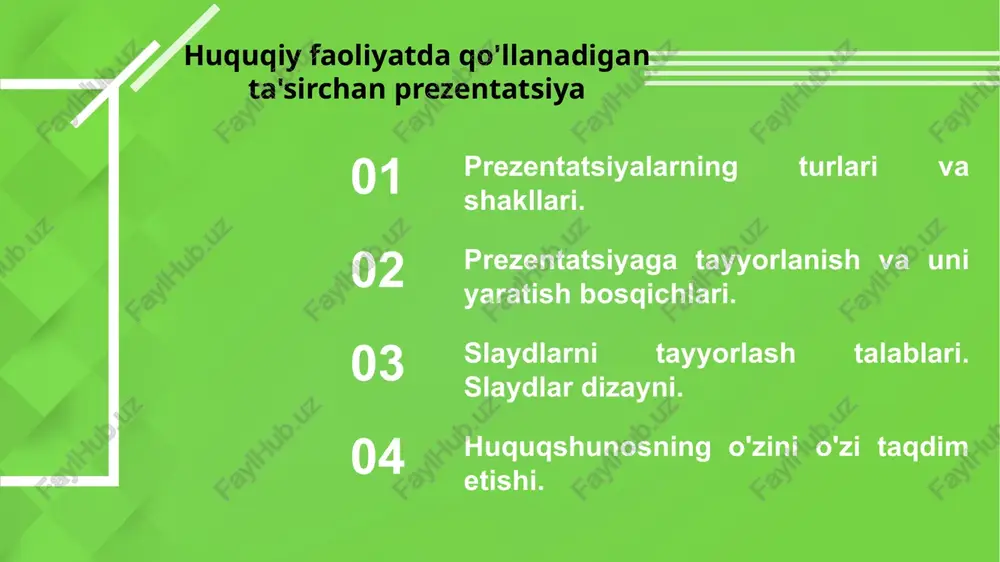 lanmagan holatda; • spikersiz texnik vositalar yordamida (masalan, video namoyishi); • spiker tomonidan yordamchi vositalardan foydalangan holatda. matnni qisqartirib, ro‘yxat ko‘rinishida berilishi xxi asrda vujudga kelgan xavf-xatarlar: demokratiya eksporti “ommaviy madaniyat” g‘arbona turmushtarzini tiqishtirish. missionerlik demografik inqiroz xxi asrga kelib esa xavf-xatarlar safi, ayrim kuchlarning urinishlari natijasida, yanada kengaydi. demografik inqiroz, missionerlik, demokratiya eksporti, “ommaviy madaniyat”, g‘arbona turmush tarzini tiqishtirish kabi xavf-xatarlar paydo bo'ldi. matn xxi asr prezentatsiyaga tayyorlanish va uni yaratish bosqichlari. prezentatsiyaga tayyorlanishni nimadan boshlash kerak? auditoriyani o' rganish. tinglovchilar qanday odamlar ekanini bilish juda muhim. jinsi, yoshi, kasbi, bilim darajasi, xohishlari, qo'rquv va xavotirlari, intilishlari. turli insonlarni ham qandaydir belgiga ko'ra birlashtirish mumkin. tinglovchilarni qanchalik yaxshi tushunsangiz, fikrlaringizni ularni ongi va qalbiga shunchalik chuqur singdira olasiz. 01 material tanlash va ajratish, ularni tizimli taqsimlash. ko'p sonli materiallar orasidan maqsadingizga erishishga yordam beradigan ma'lumotlarni tanlang. buning uchun o'zingizga shunday savol bering: menga ajratilgan vaqtda maqsadga erishish uchun auditoriyaga …