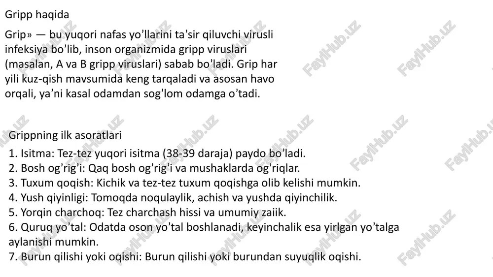 miyasi davrida odamlar bilan yaqin aloqada bo’lishdan qochish. grippni oldini olish grippga oxshagan kasallik(gok): 2024-yilga qaraganda 46,6% oshdi laborator tekshiruv: gok chalinganlarni 12,3% da grip virusi aniqlangan gripp kasalligi 2024-2025 yilda bolalarga yuqish %: 26,1% gripp kasalligi 2024-2025 yilda kattalarga yuqish %: 15% gripp 46.6 12.3 26.1 15 46.6 12.3 26.1 15 stolbets1 2023 kasallik % 2024 kasallik % 2025 kasallik % 26.1 15 20 yoshlarda 2023 kasallik % 2024 kasallik % 2025 kasallik % 20 25 15 stolbets1 2023 kasallik % 2024 kasallik % 2025 kasallik % xulosa xulosa grip bu ikki yoki undan ortiq jismlar o'rtasida ushlash kuchini ta'minlaydigan mexanik hujjatdir. grip shakli va materiali va ishlatilishi uchun turli xil bo'lishi mumkin. sportda yaxshi grip sportchilar uchun muhim ahamiyatga ega. koshinlar, maysalar va boshqa materiallar yordamida grip qobiliyati yaxshilanadi. gripning kuchi ushlovchi qo'lning kuchi bilan bog'liq bo'lib, aks ettiruvchi kuchlarni muvozanatga keltirishi kerak. mutaxassislar gripni yaxshilash uchun maxsus …