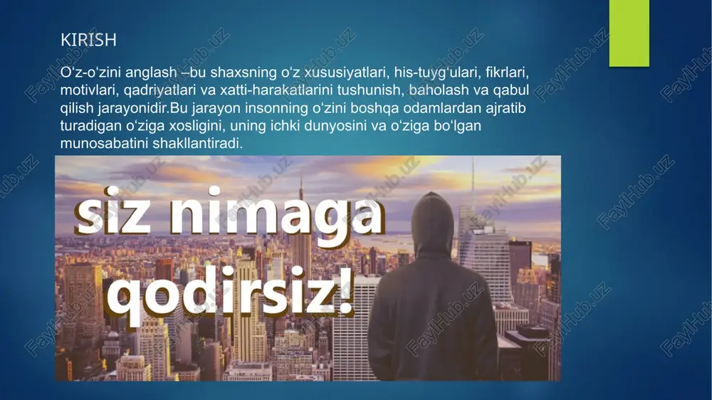 amlarga o'xshatishga harakat qiladi, o‘zining o‘ziga xosligini yashiradi va o'ziga ishonmaydi. o‘z-o‘zini inkor etish shaxsning o‘ziga bo‘lgan munosabatini buzadi va uning psixologik salomatligiga salbiy ta’sir ko‘rsatadi. • o‘z-o‘zini yo‘qotish (loss of self): shaxs o‘zining kimligini, o‘ziga xosligini yo‘qotadi. u o‘zining his-tuyg‘ularini, fikrlarini va ehtiyojlarini tushunmaydi, o‘zini boshqa odamlarning fikrlariga va ehtiyojlariga bog‘laydi. o‘z-o‘zini baholashdagi muammolar : o‘z-o‘zini baholash jarayoni shaxsning o‘ziga bo‘lgan munosabatini shakllantiradi. agar shaxs o‘zini past baholasa, o‘ziga ishonmasa, o‘zini qadrlamasa, bu uning psixologik holatiga salbiy ta’sirko‘rsatadi. o‘zini past baholash shaxsda xavotirlik, tushkunlik, o‘ziga ishonchsizlik va boshqa psixologik muammolarni keltirib chiqarishi mumkin. o‘z-o‘zini baholashdagi muammolar quyidagi ko‘rinishlarda namoyon bo‘lishi mumkin: • past o'z-o'zini baholash (low self-esteem): shaxs o‘zini past baholaydi, o‘ziga ishonmaydi, o‘zini qadrlamaydi. u o‘zining yutuqlarini inkor etadi, kamchiliklariga e’tibor qaratadi va o‘zini doimiy tanqid qiladi. past o‘z-o‘zini baholash shaxsda xavotirlik, tushkunlik, o'ziga ishonchsizlik va boshqa psixologik muammolarni keltirib chiqarishi mumkin. • o‘z-o‘zini tanqid qilish(self-criticism): shaxs o'zini …
