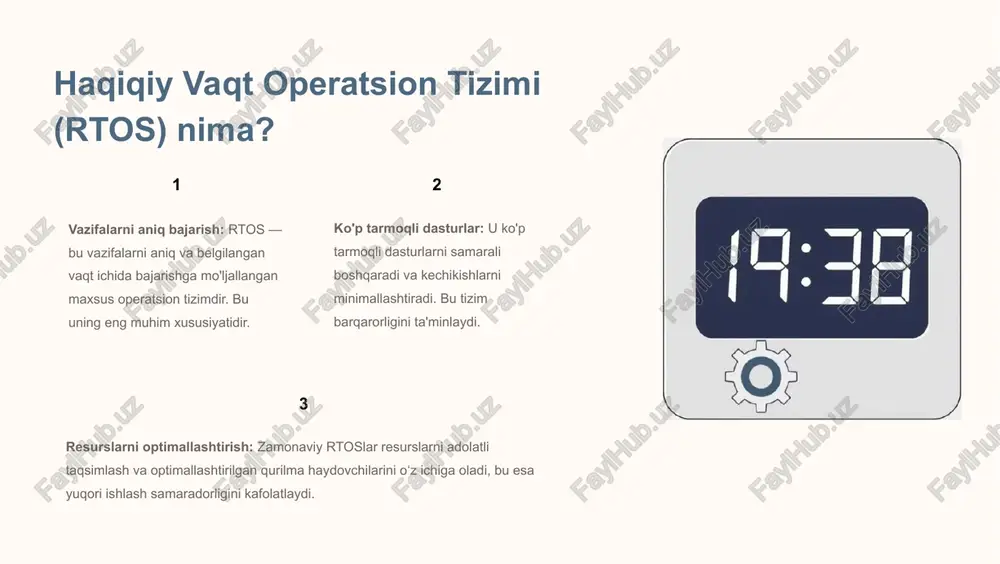 shni talab qiladi. sanoat robototexnikasi ishlab chiqarishda aniq va tezkor harakatlarni boshqarish, bu esa samaradorlikni oshiradi. tibbiyot qurilmalari yurak stimulyatorlari va monitoring tizimlari bemorlarning hayotiy funktsiyalarini doimiy nazorat qiladi. energiya boshqaruvi issiqlik ta'minoti tizimlarini samarali boshqarish, national instruments compact fieldpoint-2020 va labview real-time yordamida amalga oshiriladi. haqiqiy vaqt tizimlari va integratsiyalashgan sxemalar (ic) vlsi integratsiyasi: rtoslar ko8pincha vlsi (very large scale integration) va boshqa integratsiyalashgan sxemalar bilan birga ishlaydi. bu, tizimning ishlash samaradorligini sezilarli darajada oshiradi. kichik chiplarda katta imkoniyatlar: ic texnologiyasi yordamida murakkab real vaqtli algoritmlar kichik chiplarda bajariladi, bu esa qurilmalarni ixcham va kuchli qiladi. tizimning "yuragi": mikrokontrollerlar va dsp (digital signal processors)lar real vaqtli boshqaruv tizimlarining asosiy komponenti, ya'ni ularning "yuragi" hisoblanadi. /111uj.11111u1111u11-11u1hj.11u1u1u111u1u11l rtos va raqamli texnologiyalar )111010111011110011-110111111110101110 1011c 1111011111101111011-110111111110101110 10111 1111011111101180011-110111111110101110 1110c 1111011111011101011-110111110010101110 1011c l111111111101180011-110111111110101110 1011c )111111111011181011-110111101110101110 1011c llllollllllfllmiul-llollllllolololllolollc shovqinga chidamllllk raqamli tizimlar analogga qaraganda shovqinga chidamli va aniq ishlaydi, bu esa ma'lumotlarning to8g8ri va ishonchli …
