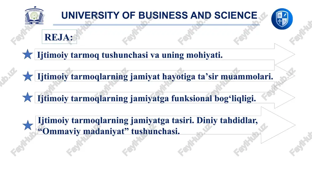 , shuningdek, aholining raqamli texnologiyalarga boʻlgan qiziqishining ortishi bilan bogʻliq. university of business and science ijtimoiy tarmoqlarning kirib kelishi oʻzbekistonda ijtimoiy tarmoqlar 2010-yillarning oʻrtalaridan boshlab keng tarqala boshladi. dastlab, "odnoklassniki", "vkontakte" kabi rus tilidagi platformalar mashhur boʻldi. bu tarmoqlar, ayniqsa, yoshlar va talabalar orasida tez tarqaldi. - keyinchalik, "facebook", "instagram" va "twitter" kabi xalqaro ijtimoiy tarmoqlar ham mamlakatda oʻz oʻrnini egallay boshladi. university of business and science ijtimoiy tarmoqlarning rivojlanishi internetning keng tarqalishi: 2010-yillarda oʻzbekistonda internet infratuzilmasi yaxshilandi va mobil internet xizmatlari arzonlashdi. bu ijtimoiy tarmoqlardan foydalanishni oshirdi. smartfonlarning keng qoʻllanilishi: mobil qurilmalarning koʻpayishi va ularning arzonlashishi ijtimoiy tarmoqlarga kirishni osonlashtirdi. mahalliy platformalar: oʻzbekistonda "muloqot", "zoʻr" kabi mahalliy ijtimoiy tarmoqlar ham paydo boʻldi, ammo ular xalqaro platformalar bilan raqobatda qiyinchiliklarga duch keldi. university of business and science ijtimoiy tarmoqlarning taʼsiri maʼlumot tarqatish: ijtimoiy tarmoqlar yangiliklar, maʼlumot va kontentni tez tarqatish imkoniyatini berdi. ijtimoiy faollik: platformalar orqali fuqarolik jamiyati faollashdi, turli …