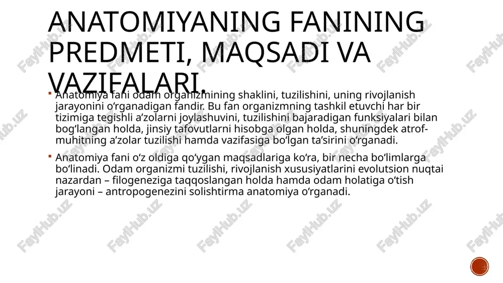 ‘llanilgan. bu usulni andre vezaliy yuqori darajada rivojlantirgan. kesib ochish usulining asosiy vositalari – bu pichoq, skalpel va arra bo‘lishi mumkin. kesib ochish usuli yordamida organlarni tuzilishini, joylashuvini o‘rganib, ulardan preparatlar tayyorlash mumkin. muzlagan murdalarni arralash usuli - bu usulni birinchi bor buyuk xirurg va anatom n.i.pirogov qoʻllagan. arralash usuli yordamida organizmning ma’lum sohasiga xos bo‘lgan a’zolar topografiyasini, bir-biriga nisbatan joylashuvini aniq o‘rganish mumkin. to‘ldirish yoki in’eksiya usuli – ichi bo‘sh a’zolarni ichini maxsus rang beruvchi suyuq massalar bilan to‘ldirish. so‘ng a’zoning to‘qimalari glitserin, metil spirti yordamida yoritiladi. bu usul yordamida qon aylanish va limfatik sistemalarni, o‘pkalarni, bronxial daraxtini shoxlanishini o‘rganishda foydalaniladi. anatomiyani o‘rganish usullari. korroziya yoki yemirish usuli – bu usul in’eksiya usuliga o‘xshash bo‘lib, ichi bo‘sh a’zolar tez qotadigan moddalar bilan to‘ldiriladi. bir oz vaqt o‘tgach a’zo ichidagi modda qotib qoladi, so‘ngra uni turli kislota yoki ishqorlar suyuqligiga solinsa, a’zo to‘qimalari yemiriladi va bo‘shlig‘iga yuborilgan modda esa a’zolar …