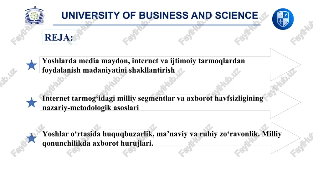 hora-tadbirlar va texnologiyalar majmui hisoblanadi. axborot xavfsizligi tushunchasi shaxsiy, korporativ yoki davlat ma'lumotlariga noqonuniy kirish, buzish, yo'q qilish yoki boshqa xavflardan himoya qilishni o'z ichiga oladi. university of business and science axborot xavfsizligini ta’minlashda quyidagi tamoyillar muhim: maxfiylik (konfidensiallik) butlilik (integratsiyalilik) mavjudlik (dostupnost) aniqlik va ishonchlilik g‘oyaviy barqarorlik va mafkuraviy immunitet university of business and science axborot xavfsizligining ma’naviy asoslari bu jamiyatda sog‘lom axborot muhitini yaratish, inson ongini yot g‘oya, axloqsizlik, yolg‘on va axborot tahdidlaridan himoya qilishga qaratilgan qadriy, axloqiy va mafkuraviy yondashuvlar tizimidir. bu asoslar texnik va huquqiy himoya bilan bir qatorda axborot xavfsizligining eng muhim tarkibiy qismidir. ma'naviy asos nima? ma'naviyat — bu odamlarning axloqiy qarashlari, qadriyatlari, vijdoni, ruhiyati, e’tiqodi va dunyoqarashlaridan iborat bo‘lgan ichki dunyosidir. axborot xavfsizligining ma'naviy asoslari aynan mana shu ichki dunyo orqali insonni axborot tahdidlariga qarshi mustahkamlashni ko‘zlaydi. taxminiy statistika (so‘nggi yillarda): internetdagi barcha veb-saytlarning taxminan 4–10% i turli darajadagi axloqsiz (pornografik yoki nojoiz) …