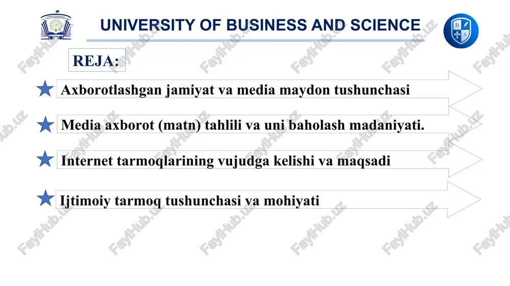 science media maydon tuzilishi media maydon tuzilishi deganda, turli axborot vositalari, ularning o‘zaro aloqalari, tashkiliy shakllari, kontent yaratish va tarqatish mexanizmlari, shuningdek, jamiyatga ta’sir ko‘rsatuvchi omillar tushuniladi university of business and science media maydonning asosiy tarkibiy qismlari an’anaviy media: televideniye va radio: ko‘p auditoriyaga ko‘ngilochar va ta’limiy kontent yetkazish, dolzarb yangiliklar tarqatish. university of business and science media maydonning asosiy tarkibiy qismlari an’anaviy media: bosma nashrlar: gazeta va jurnallar orqali chuqur tahliliy ma’lumotlar taqdim etish university of business and science media maydonning asosiy tarkibiy qismlari zamonaviy media: internet va ijtimoiy tarmoqlar: tezkor axborot almashinuvi, bloglar, veb-saytlar (masalan, lex.uz, daryo.uz) university of business and science media maydonning asosiy tarkibiy qismlari zamonaviy media: multimedia platformalar: internet-televideniya (birinchi kanal), onlayn jurnallar (scienceproblems.uz) university of business and science kompyuterlarning rivojlanish bosqichlari 1) mexanik hisoblash mashinalari (19-asr) 2) elektromexanik kompyuterlar (1930-1940) 3) elektron kompyuterlar (1940-1950) 4) tranzistorli kompyuterlar (1950-1960) 5) integral mikrosxemalar va shaxsiy kompyuterlar …