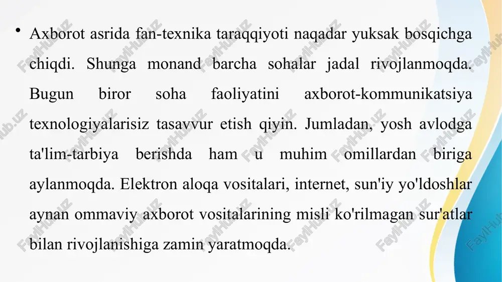 , internet. mutaxassislar fikricha, mediata'lim o'quvchini mustaqil fikr yuritishga, ijodkorlik faoliyatlarini yanada rivojlantirishga, axborot olish, uni qayta ishlash, umumlashtirish, xulosa chiqarishga o'rgatadi. ta'lim jarayonida mediata'lim qanchalik mukammal bo'lsa, u yosh avlodning dunyoqarashi, intellektual salohiyatshunchalik rivojlanishiga xizmat qiladi. 1982 yilda yunesko mediata'lim deklaratsiyasini qabul qilgan. unga ko'ra, "media ta'lim medianing barcha turlari (bosma, grafik, ovozli, ekranli va boshqala) va turli texnologiyalar bilan chambarchas bog'langan. u insonlarga ommaviy kommunikatsiyadan ijtimoiy ongda qanday foydalanishni tushunish, boshqa odamlar bilan kommunikatsiya paytida mediadan foydalanish ko'nikmasini o'zlashtirish kabi bilimlarni beradi. media ta’lim tushunchasi,media ta’limning paydo bo’lishi va rivojlanishi bo’yicha mediata’lim bu... media ta'lim" (yoki "media education") - bu odamlarni axborot va ommaviy kommunikatsiya vositalarini (televizor, internet, ijtimoiy tarmoqlar, gazeta, radio va boshqalar) ongli va tanqidiy tarzda tushunish, tahlil qilish va undan samarali foydalanishga o'rgatadigan sohadir. media ta'limning asosiy maqsadlari: odamlarni yolg'on axborot (feyk yangiliklar), manipulatsiya va propaganda usullarini tanib olishga o'rgatish; ommaviy axborot vositalarini tahlil qilish …