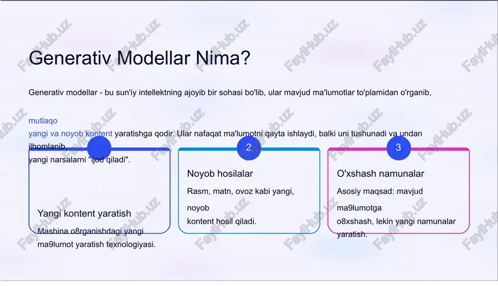 shilanadi va tobora realistik natijalar beradi. gan qanday ishlaydi? gan ning ishlash mexanizmi ikki o'zaro raqobatlashuvchi agentning o'zaro ta'siriga asoslanadi, bu esa modelning doimiy ravishda takomillashishiga olib keladi. generator tasodifiy shovqindan realga o8xshash rasm yoki ma9lumot yaratadi. uning maqsadi discriminatorni aldaydigan darajada sifatli soxta ma'lumot yaratishdir. discriminator generator yaratgan soxta ma'lumotni haqiqiydan ajratishga harakat qiladi. uning maqsadi har qanday soxta ma'lumotni aniqlashdir. har ikki tarmoq o8zaro raqobat qilib, yanada sifatli natijalar beradi. natijada, inson ko'ziga haqiqiy ko'rinadigan juda realistik yangi kontent hosil bo8ladi. vae va gan o8rtasidagi asosiy farqlar garchi ikkala model ham generativ bo'lsa-da, ularning ishlash prinsiplari va kuchli tomonlari sezilarli darajada farq qiladi. vae (variatsion avtoenkoder) probabilistik yondashuvga ega. ma9lumotni latent fazoda siqib, uning ehtimoliy taqsimotini o'rganadi va qayta tiklaydi. ko'proq signalni qayta tiklash va latent fazoni o8rganishda kuchli. natijalar ko'pincha silliqroq, ammo ba'zan kamroq aniq bo'lishi mumkin. gan (generativ adversarial tarmoq) raqobatga asoslangan. generator va discriminator o'rtasidagi …