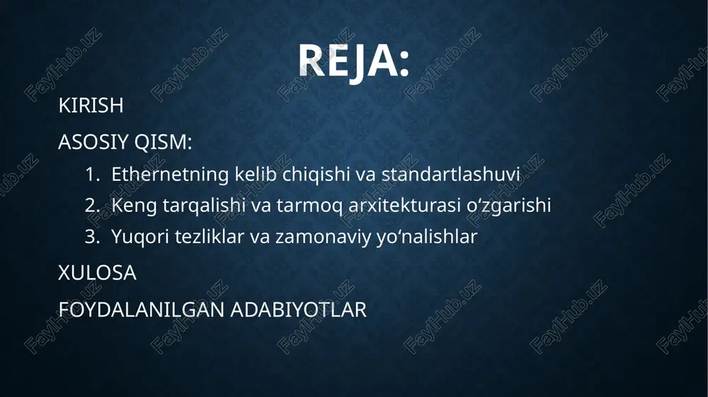 hlaydi (multiple access), agar to‘qnashuv yuz bersa, uni aniqlab (collision detection) uzatishni to‘xtatadi va eksponentsial orqaga chekinish (binary exponential backoff) algoritmi bo‘yicha tasodifiy kechikishdan so‘ng qayta urinadi. 10 mbit/s tezlikda ishlaydigan ilk ethernet manchester kodlashidan foydalandi, bu esa tashqi sinxronizatsiya signalisiz ham qabul qiluvchi tomonda soatni tiklash imkonini berdi. dix spetsifikatsiyasi va “ethernet ii” kadr formati1979–1980-yillarda dec, intel va xerox kompaniyalari hamkorlikda dix konsortsiumini tuzib, ethernetni keng bozor uchun hujjatlashtirdilar. dix spetsifikatsiyasi ko‘pincha “ethernet ii” deb nomlanadi va u bugungi kungacha amaliyotda keng qo‘llanadigan type/length maydonining “type” talqinini, ya’ni ethertype identifikatorlarini (masalan, ipv4 uchun 0x0800) mustahkamladi. kadr tuzilmasi quyidagicha shakllandi: 7 baytli preambula, 1 baytli sfd, 6 baytli manzil maydonlari (mac manzillar), 2 baytli type/length, 46–1500 baytli foydali yuk va 4 baytli fcs (crc-32). kadrlar orasidagi interframe gap 9,6 μs etib belgilandi. 48 bitli mac manzillash modeli global unikal identifikatsiyani ta’minlab, kanalda muvofiqlik va boshqaruvni soddalashtirdi. ieee 802 komiteti va …
