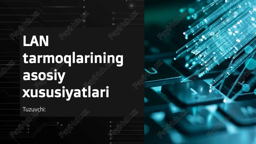 r yoki internet kabi umumiy resurslardan birgalikda foydalanishadi. lan tarmog‘i odatda ethernet texnologiyasiga asoslanadi va ma’lumot uzatish tezligi 100 mbit/s dan 10 gbit/s gacha yetadi. bu tarmoqda kompyuterlar, printerlar, serverlar, va boshqa qurilmalar yagona tizim sifatida ishlaydi. lan tarmoqlarining asosiy xususiyatlari mahalliy tarmoq (lan) boshqa tarmoqlarga nisbatan o‘ziga xos xususiyatlarga ega. ular tarmoqning ishlash tezligi, ishonchliligi, narxi va xavfsizlik darajasini belgilab beradi. lan tarmoqlari odatda kichik masofada joylashgan qurilmalarni bog‘laydi, masalan, bir bino yoki korxona ichidagi kompyuterlar. quyida lan tarmoqlarining asosiy xususiyatlari keltirilgan: mahalliy hududda ishlashi. lan tarmog‘i odatda kichik masofa, ya’ni bir bino yoki bir necha xona ichida faoliyat yuritadi. yuqori tezlikda ma’lumot uzatish. lan tarmoqlarida ma’lumot almashish tezligi odatda 100 mbit/s dan 10 gbit/s gacha bo‘ladi, bu esa foydalanuvchilar o‘rtasida tezkor axborot almashuvini ta’minlaydi. cheklangan foydalanuvchilar soni. lan tarmog‘ida odatda bir necha o‘nlab yoki yuzlab qurilmalar ishlaydi. lan tarmoqlarda yuqori tezlik quyidagi afzalliklarni beradi: 01 03 02 04 …