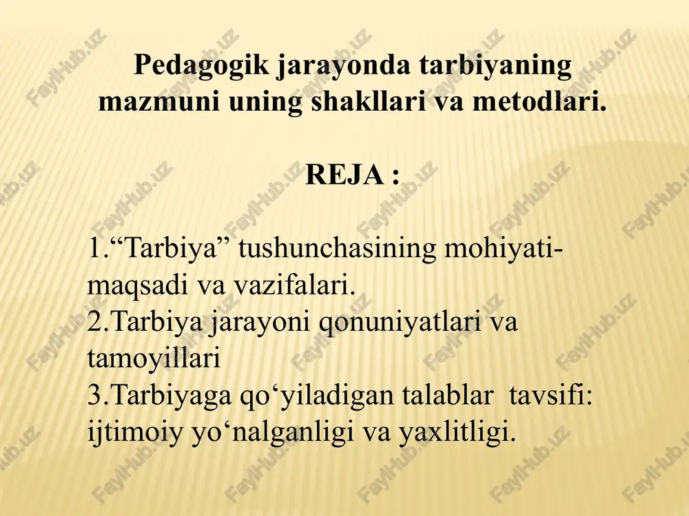 ng xislatlari bir-biridan ajratilgan emas, balki o’zaro mustahkam bog’langan. tarbiya jarayonidabolaning shaxsiyati ayrim-ayrim emas, balki yaxlit tarzda rivojlanadi. bola o’sib va rivojlanib borgan sari tar­biya vazifalari murakkablashib, chuqurlashib, tabaqalashib boradi. tarbiya jarayonining mazmuni. o’zbekiston respublikasini ijtimoiy-siyosiy mustaqilligining dastlabki yillaridayoq respublikada amalga oshirilishi ko’zda tutilgan bo’lib, tarbiya maqsada aniq belgilab olingan edi. o’zbekiston respublikasining «ta’lim to’g’risida»gi qonuni hamda «kadrlar tayyorlash milliy dasturi» g’oyalariga ko’ra ijtimoiy tarbiyaning asosiy maqsadi erkin, ijodkor, mustaqil fikr egasi bo’lgan komil insonni tarbiyalab, voyaga yetkazishdan iborat. ushbu maqsadga erishish yo’lidagi asosiy vosita - bu shaxsda umumiy madaniyatni tarkib toptirishga doir, yahni shaxsning aqliy, axloqiy, jismoniy, estetik, iqtisodiy, mexnat, huquqiy, mafkuraviy hamda mehnat madaniyatini tarbiyalash tarbiyaning bosh maqsadini amalga oshirish imkoniyatini yaratish ko’zda tutiladi. bolalar va kattalarning birgalikdagi faoliyati. o’qituvchining bolalar bilan ma’naviy madaniyatining eng yaxshi namunasini izlashi, shu asosida tarbiyachi insonning hayotiy mehyor va qadriyatlarini ishlab chiqishi, o’quvchining tarbiya jarayonida faolligini tahminlashga olib keladi. dunyoqarashi hali to’la-to’kis …