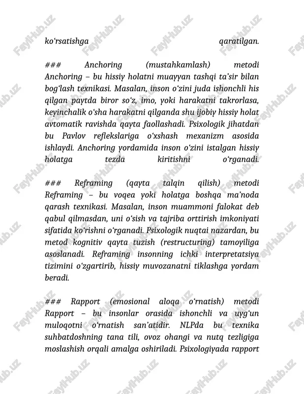 restructuring) tamoyiliga asoslanadi. reframing insonning ichki interpretatsiya tizimini o‘zgartirib, hissiy muvozanatni tiklashga yordam beradi. ### rapport (emosional aloqa o‘rnatish) metodi rapport – bu insonlar orasida ishonchli va uyg‘un muloqotni o‘rnatish san’atidir. nlpda bu texnika suhbatdoshning tana tili, ovoz ohangi va nutq tezligiga moslashish orqali amalga oshiriladi. psixologiyada rapport empatiya va refleksiya tamoyillariga asoslanadi. agar insonlar o‘zaro “moslik” holatida bo‘lsa, ular bir-birini yaxshiroq tushunadi va ta’sirchanlik kuchayadi. ### nlpning psixologik asoslari nlp ko‘plab klassik psixologik yo‘nalishlardan ilhom olgan: g‘estalt psixologiya, kognitiv-behavioral terapiya, hipnoz (milton erickson ishlari), va psixoanalitik nazariyalar. biroq nlp ularni integratsiyalab, muloqot va tafakkur tizimlarini tahlil qilishda amaliy yondashuvni taklif qiladi. insonning ichki tasvirlari, tovushlari va hissiyotlarini o‘zgartirish orqali ongni qayta dasturlash mumkinligi g‘oyasi aynan shu asoslarda shakllangan. ### nlpning amaliy ahamiyati nlp metodlari shaxsiy rivojlanish, liderlik, ta’lim, biznes va psixoterapiyada keng qo‘llanadi. inson o‘zini samarali boshqarish, qo‘rquv va stressni kamaytirish, muloqotni yaxshilash, va motivatsiyani kuchaytirish uchun nlp texnikalaridan …