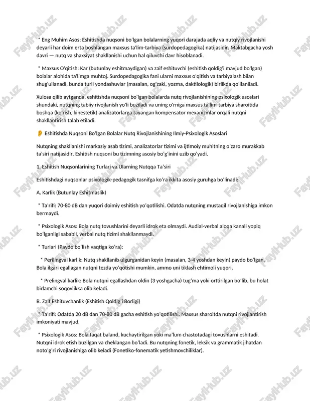 lar va ulardan noto'g'ri foydalanish kuzatiladi. 4. 📚 erta korreksion-pedagogik yordamning ahamiati * eng muhim asos: eshitishda nuqsoni boʻlgan bolalarning yuqori darajada aqliy va nutqiy rivojlanishi deyarli har doim erta boshlangan maxsus ta'lim-tarbiya (surdopedagogika) natijasidir. maktabgacha yosh davri — nutq va shaxsiyat shakllanishi uchun hal qiluvchi davr hisoblanadi. * maxsus o'qitish: kar (butunlay eshitmaydigan) va zaif eshituvchi (eshitish qoldig'i mavjud bo'lgan) bolalar alohida ta'limga muhtoj. surdopedagogika fani ularni maxsus o'qitish va tarbiyalash bilan shug'ullanadi, bunda turli yondashuvlar (masalan, og'zaki, yozma, daktilologik) birlikda qo'llaniladi. xulosa qilib aytganda, eshitishda nuqsoni bo'lgan bolalarda nutq rivojlanishining psixologik asoslari shundaki, nutqning tabiiy rivojlanish yo'li buziladi va uning o'rniga maxsus ta'lim-tarbiya sharoitida boshqa (ko'rish, kinestetik) analizatorlarga tayangan kompensator mexanizmlar orqali nutqni shakllantirish talab etiladi. 👂 eshitishda nuqsoni boʻlgan bolalar nutq rivojlanishining ilmiy-psixologik asoslari nutqning shakllanishi markaziy asab tizimi, analizatorlar tizimi va ijtimoiy muhitning oʻzaro murakkab taʼsiri natijasidir. eshitish nuqsoni bu tizimning asosiy boʻgʻinini uzib qoʻyadi. 1. …