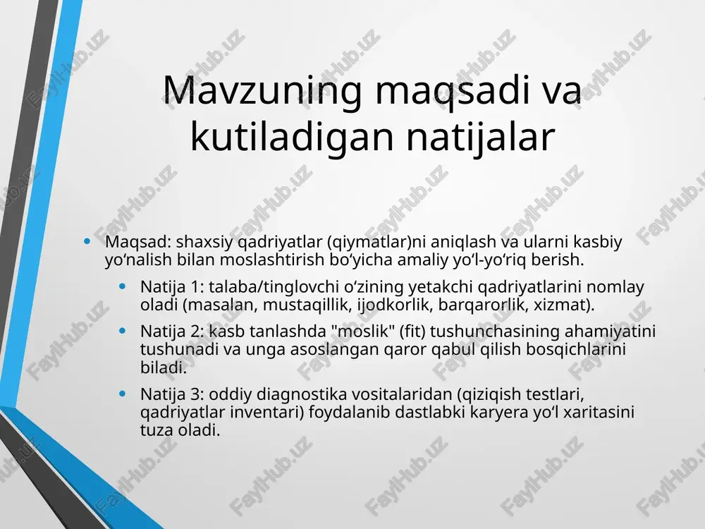 shaxsning qaysi faoliyat sohalariga moyilligi va maqsadli rivojlanishi. asosiy komponentlar: bilim (nazariya), ko‘nikma (amaliy), munosabat (motivatsiya va qadriyat), tajriba (portfolio). kompetensiya profili: texnik/sohaviy, raqamli savodxonlik, muloqot va jamoa, muammo yechish, o‘zini boshqarish. kompetensiyalar qadriyatlar bilan kuchaytiriladi: masalan, xizmat qadriyati kuchli bo‘lsa, mijozga yo‘naltirilgan ko‘nikmalar tezroq shakllanadi. holland riasec modeli: shaxs–kasb mosligi riasec turlari: r (realistic — amaliy), i (investigative — tadqiqot), a (artistic — ijodiy), s (social — ijtimoiy), e (enterprising — tashabbuskor), c (conventional — tartibli). har bir tur uchun mos ish muhiti: r — texnika va qo‘l mehnati; i — ilmiy tahlil; a — ijodiy studiya; s — xizmat va ta’lim; e — biznes va savdo; c — ofis va jarayonlar. amaliy mashq: o‘zingiz uchun 3 ta eng yaqin harf kombinatsiyasini yozing (masalan, ase) va unga mos 3 ta kasbni tanlang. riasec testining qisqa natijalari asosida fakultet yo‘nalishlari bilan moslashtirish mumkin. person–environment fit: moslik nazariyalari p–v (person–vocation): shaxs-kasb …