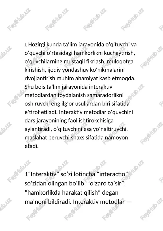 lits-so‘rov” – tezkor savol-javob asosida o‘quvchilarning bilimini aniqlash. 3. “bahs-munozara” – bir mavzu bo‘yicha turli fikrlarni solishtirib, xulosa chiqarish. 4. “klaster” – asosiy g‘oyani markazga yozib, unga bog‘liq fikrlarni tarmoqlash orqali tushunchalarni tizimlashtirish. 5. “zanjirli so‘z o‘yini” – mavzuga oid so‘zlarni izchillikda aytish orqali bilimni mustahkamlash. 6. “keys-stadi” (case study) – real hayotiy holatlarni tahlil qilish orqali yechim topish. 7. “sinkveyn” – besh satrdan iborat ijodiy fikrlash mashqi, mavzuni qisqacha ifodalashga yordam beradi. 4) interaktiv metodlar barcha fanlarda qo‘llanishi mumkin: matematika fanida: “aqliy hujum” va “klaster” orqali masalalarni turli yo‘llar bilan yechish; biologiya fanida: “keys-stadi” yordamida ekologik muammolarni tahlil qilish; tarix fanida: “bahs-munozara” orqali tarixiy voqealarga turli nuqtai nazardan yondashish; ona tili fanida: “zanjirli so‘z o‘yini” orqali so‘z boyligini oshirish; ingliz tili fanida: “rol o‘ynash” metodidan foydalanish orqali muloqot madaniyatini shakllantirish. 5)an’anaviy metodlar- interaktiv metodlar o‘qituvchi markazda bo‘ladi- o‘quvchi markazda bo‘ladi faoliyat bir tomonlama (o‘qituvchi → o‘quvchi)-- faoliyat ikki tomonlama …