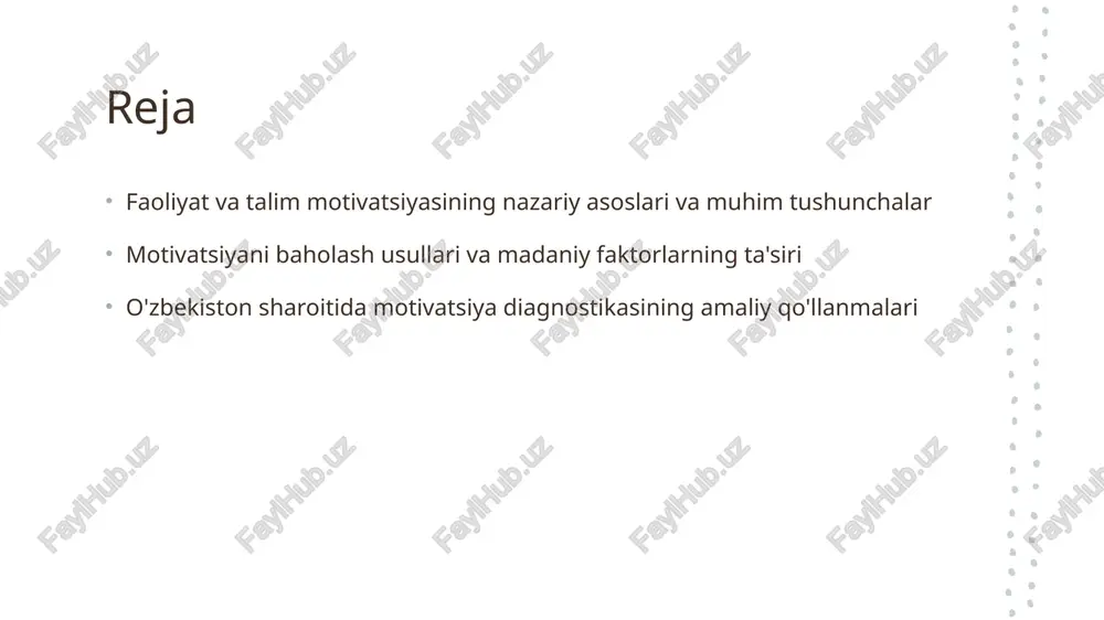 timoiy omillarini o‘rganadi. 02 amaliy qo‘llanmalar nazariyalar motivatsiyani oshirish uchun qo‘llaniladigan metodlar va yondashuvlarni aniqlaydi, masalan, maqsad belgilash va mukofot tizimlari. 03 metodlar va texnikalar motivatsiyani baholash uchun testlar, intervyular va kuzatuv usullari ishlatiladi, bu esa individual va guruh motivatsiyasini aniqlash imkonini beradi. 04 madaniyat va motivatsiya madaniy faktorlar motivatsiya shakllanishida muhim rol o‘ynaydi, ular motivatsiya motivatsiya mexanizmlariga ta’sir qiluvchi ijtimoiy va madaniy kontekstni belgilaydi. motivatsiyani baholash usullarining psixologik asoslari va metodikalari 1 motivatsiyani o‘lchash metodlari motivatsiyani baholashda psixologik metodlar, masalan, so'rovnomalar, intervyular va kuzatuvlar keng qo'llaniladi. ular motivatsiya darajasini aniqlashda yordam beradi. 2 psixologik testlar va anketalar bu metodlar shaxsning ichki motivatsiya omillarini, ehtiyojlar va qiziqishlarni aniqlash uchun ishlatiladi. anketa va testlar ob'ektiv ma'lumotlar taqdim etadi. 3 kuzatish va intervyular kuzatuv va suxbatlar orqali shaxsning faoliyati va motivatsion holati haqidagi real ma'lumotlar olinadi. bu usullar motivatsiya dinamikasini tushunishga yordam beradi. madaniy faktorlarning motivatsiyaga ta'sirini o'rganish: o'zbekiston sharoitida kuzatuvlar 01 …