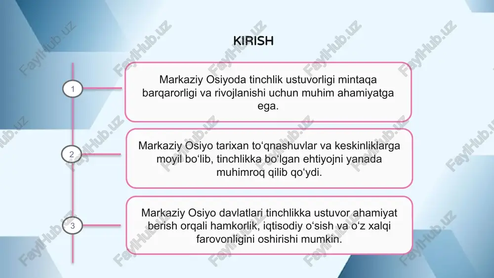rivojlantirish orqali mintaqada barqarorlik va taraqqiyotga yordam berishi mumkin. tinchlik uchun qiyinchiliklar markaziy osiyoda tinchlik ustuvorligi mintaqada barqarorlik va xavfsizlikni saqlashda hal qiluvchi ahamiyatga ega. biroq, mintaqaviy mojarolar va terrorizm kabi tinchlikka tahdid soladigan bir qancha muammolar mavjud. barcha manfaatdor tomonlar ushbu muammolarni hal qilish va markaziy osiyoda barqaror tinchlik va taraqqiyot yo‘lida harakat qilishlari muhim ahamiyatga ega. 1 2 3 siyosiy dinamika markaziy osiyoda tinchlikning ustuvorligi turli siyosiy dinamika bilan shakllanadi. mintaqaga yirik davlatlarning manfaatlari va harakatlari, shuningdek, ichki raqobat va mojarolar ta’sir qiladi. markaziy osiyo davlatlarining iqtisodiy rivojlanishi va farovonligi uchun siyosiy barqarorlik va xavfsizlik muhim ahamiyatga ega. shu bois tinchlikni saqlash va mojarolarni diplomatik yo‘llar bilan hal etishga katta e’tibor qaratilmoqda. birlashgan millatlar tashkiloti, yevropada xavfsizlik va hamkorlik tashkiloti kabi xalqaro tashkilotlarning ishtiroki ham mintaqada tinchlikni mustahkamlash va siyosiy muammolarni hal etishda muhim rol o‘ynaydi. iqtisodiy oqibatlar markaziy osiyoda tinchlik ustuvorligi muhim iqtisodiy ahamiyatga ega. barqaror va …
