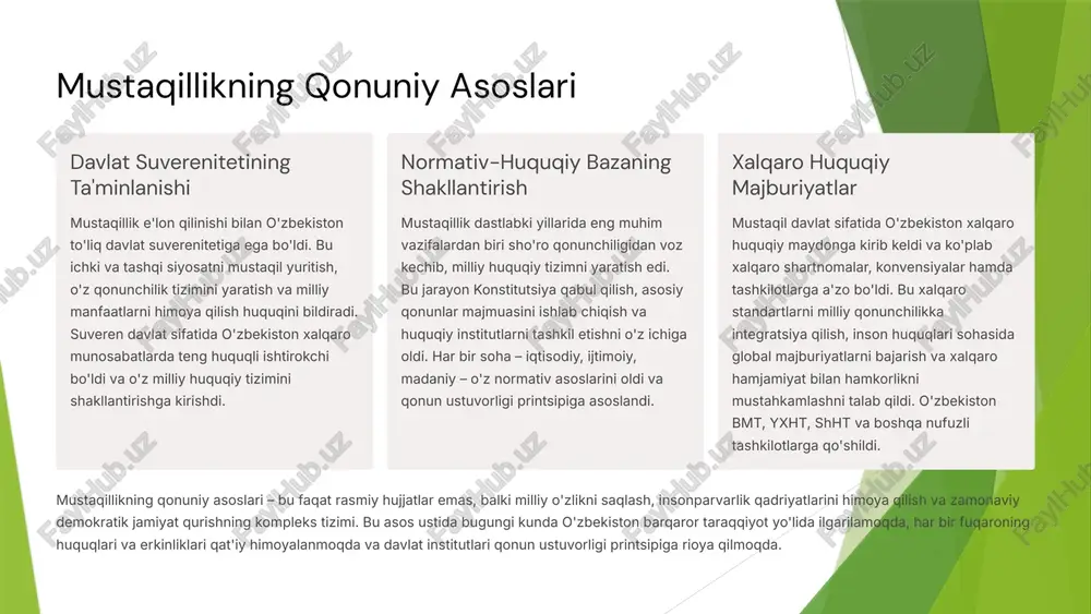 hlab chiqish va huquqiy institutlarni tashkil etishni o'z ichiga oldi. har bir soha – iqtisodiy, ijtimoiy, madaniy – o'z normativ asoslarini oldi va qonun ustuvorligi printsipiga asoslandi. xalqaro huquqiy majburiyatlar mustaqil davlat sifatida o'zbekiston xalqaro huquqiy maydonga kirib keldi va ko'plab xalqaro shartnomalar, konvensiyalar hamda tashkilotlarga a'zo bo'ldi. bu xalqaro standartlarni milliy qonunchilikka integratsiya qilish, inson huquqlari sohasida global majburiyatlarni bajarish va xalqaro hamjamiyat bilan hamkorlikni mustahkamlashni talab qildi. o'zbekiston bmt, yxht, shht va boshqa nufuzli tashkilotlarga qo'shildi. mustaqillikning qonuniy asoslari – bu faqat rasmiy hujjatlar emas, balki milliy o'zlikni saqlash, insonparvarlik qadriyatlarini himoya qilish va zamonaviy demokratik jamiyat qurishning kompleks tizimi. bu asos ustida bugungi kunda o'zbekiston barqaror taraqqiyot yo'lida ilgarilamoqda, har bir fuqaroning huquqlari va erkinliklari qat'iy himoyalanmoqda va davlat institutlari qonun ustuvorligi printsipiga rioya qilmoqda. 2 1991-yil 31-avgust: mustaqillik deklaratsiyasi 1991-yil 31-avgust kuni o'zbekiston ssr oliy kengashining navbatdan tashqari 6-sessiyasida tarixiy qaror qabul qilindi – o'zbekiston respublikasining …