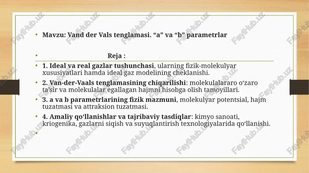 . bu formulada birinchi had ideal bosimni, ikkinchi had kuch tuzatmasini beradi. a va b moddaning tabiatiga bog‘liq va empirik aniqlanadi. tenglama ko‘p bosqichli deduksiya orqali kelib chiqadi. z = pv/nrt siqilish omili orqali real taqqoslash o‘tkaziladi. a molekulalararo tortishish kuchini bildiradi. agar molekulalar bir-birini tortsa, bosim pasayadi. shuning uchun tenglamaga + a(n/v)^2 qo‘shiladi. a moddaning qutbliligiga bog‘liq, polarlarda a katta bo‘ladi. masalan: nh₃ > co₂ > he ketma-ketlikda qiymat kamayadi. a gaz molekulalarining potentsial energiyasi bilan bog‘liq. molekulalararo london kuchlari ham a parametri bilan bog‘liq. a katta bo‘lsa, gaz oson suyuqlanadi, ya'ni kritik t yuqori bo‘ladi. a molekulyar potensial u(r) bilan bog‘liq. lennard–jones tenglamasi: u(r)=4ε[(σ/r)^12 − (σ/r)^6]. attraksion qismi ~(1/r^6) bo‘lib, van der waals kuchlarini beradi. a integral orqali aniqlanadi: a = −2π∫r u(r)dr. molekula zichligi ortsa, tortishish kuchlari sezilarli bo‘ladi. gaz fazasidan suyuq fazaga o‘tishda a muhim bo‘ladi. a moddaning termodinamik xususiyatlarini belgilaydi. a qiymati tajribada izotermal o‘lchovlar …